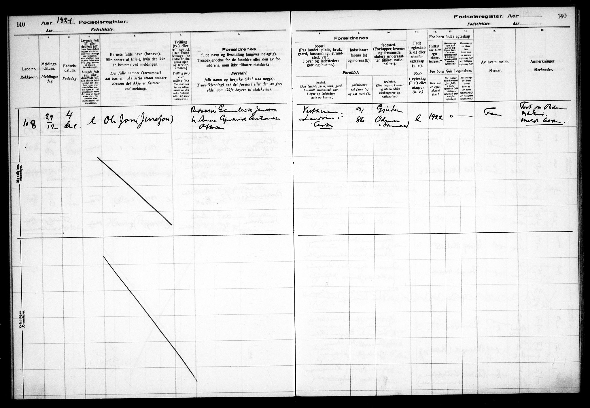 Vestre Bærum prestekontor Kirkebøker, AV/SAO-A-10209a/J/L0001: Fødselsregister nr. 1, 1916-1926, s. 140