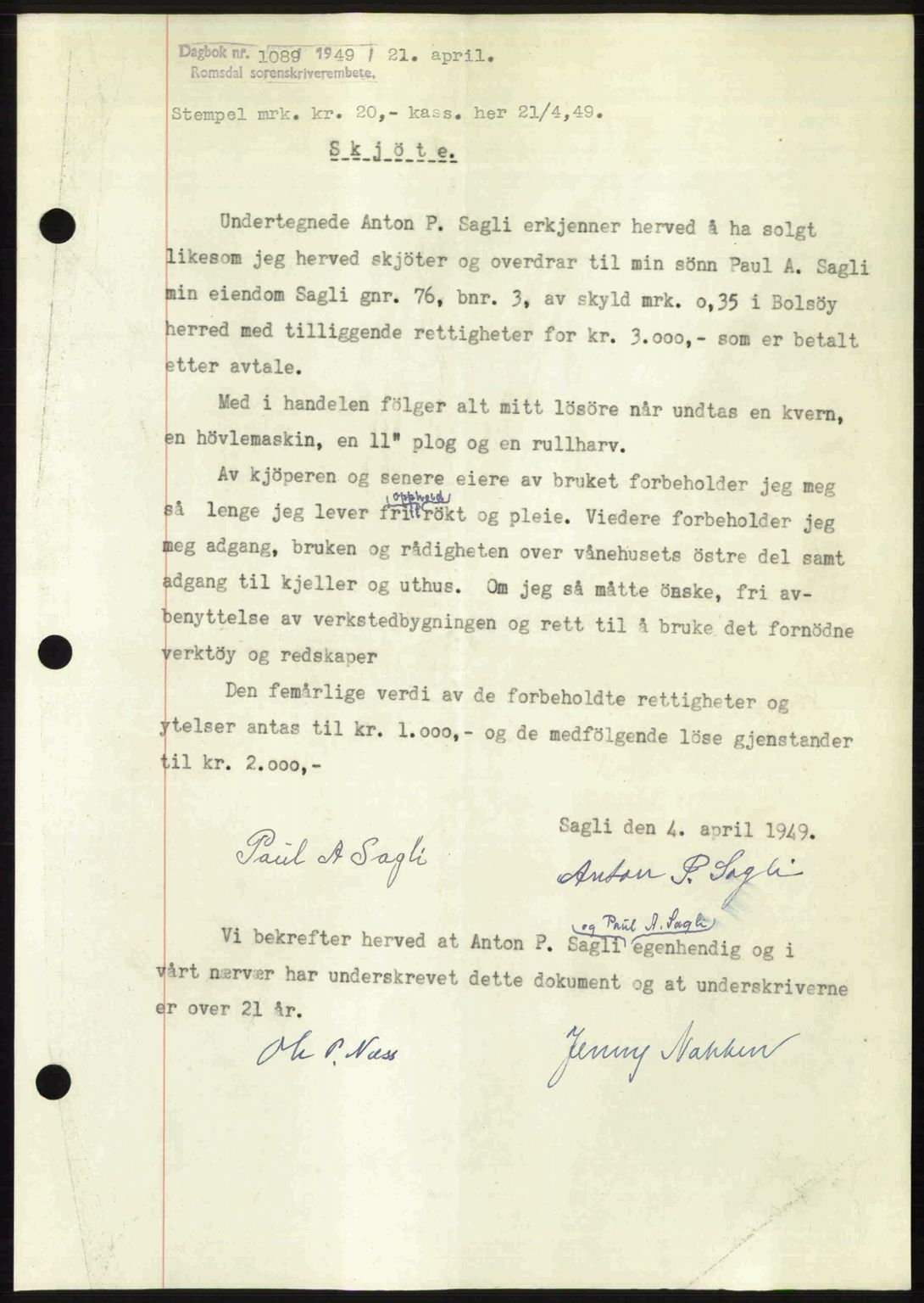 Romsdal sorenskriveri, SAT/A-4149/1/2/2C: Pantebok nr. A29, 1949-1949, Dagboknr: 1089/1949
