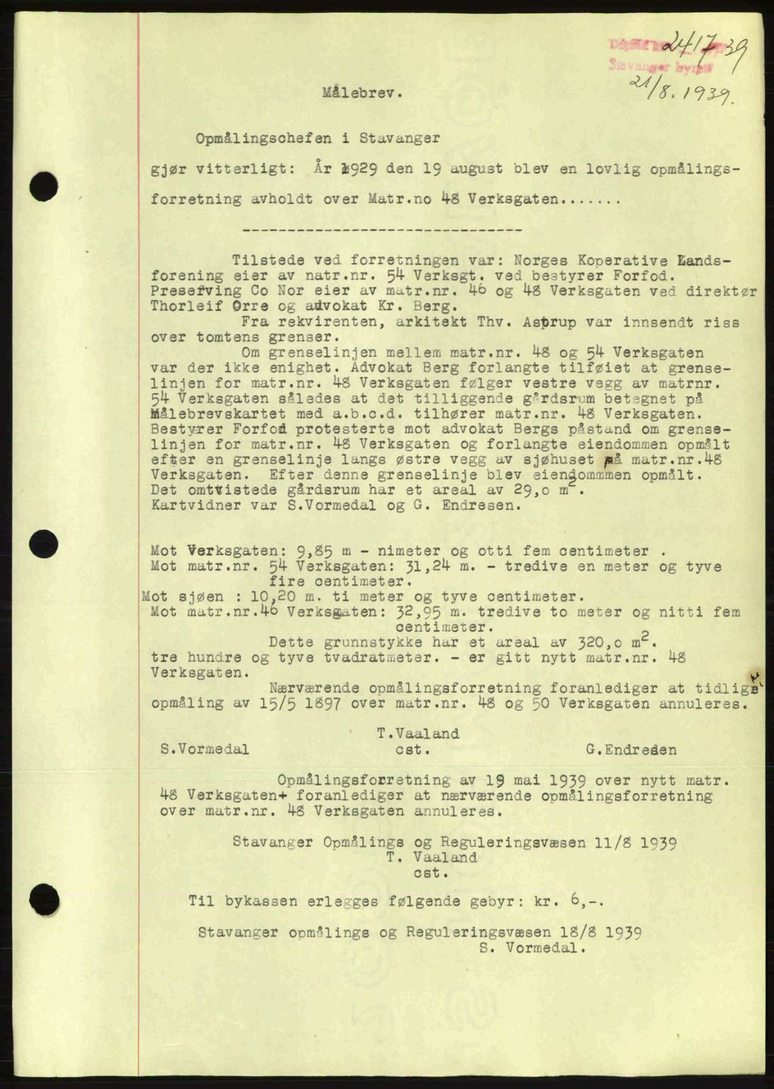 Stavanger byrett, SAST/A-100455/002/G/Gb/L0014: Pantebok nr. A4, 1938-1939, Dagboknr: 2417/1939