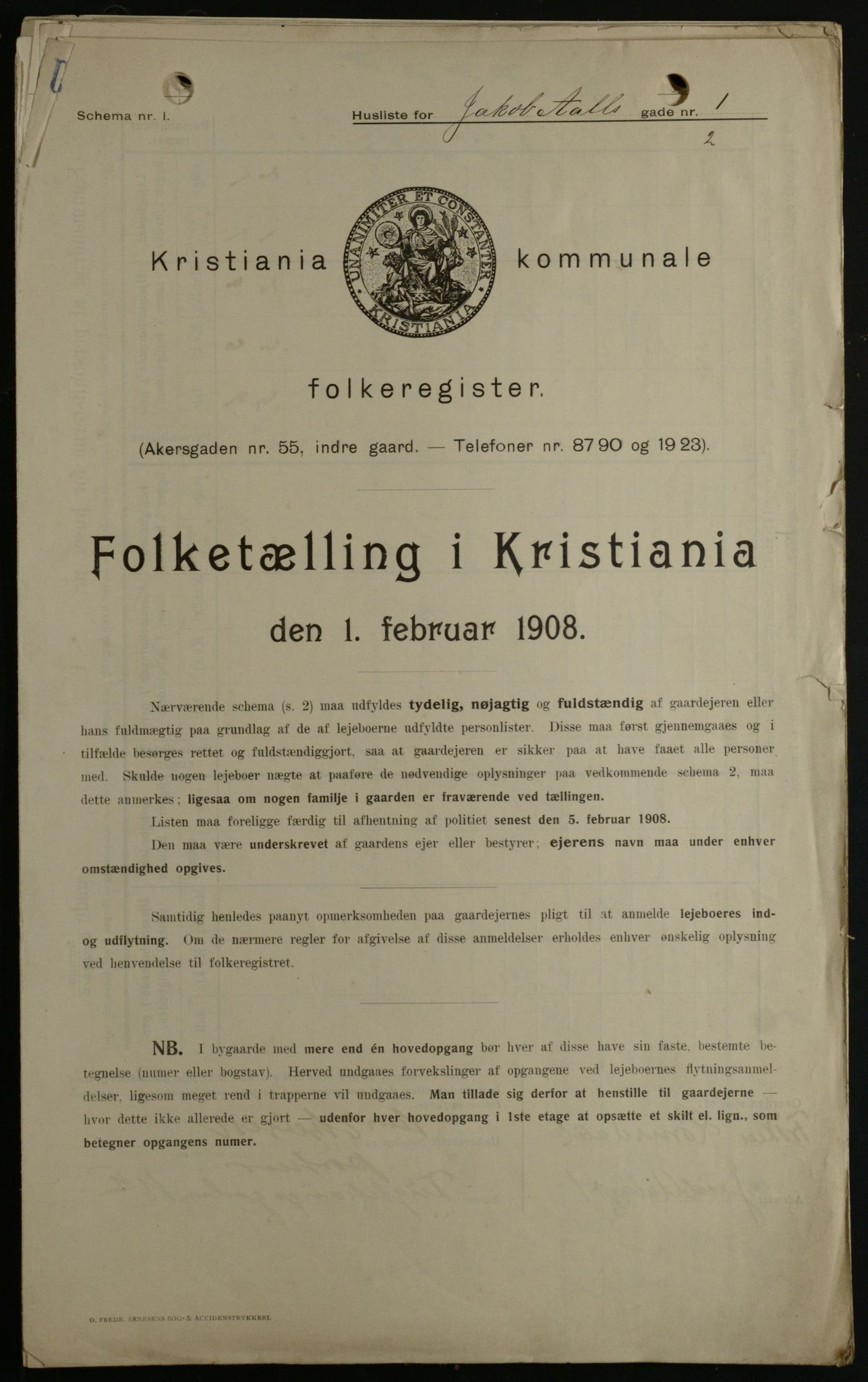 OBA, Kommunal folketelling 1.2.1908 for Kristiania kjøpstad, 1908, s. 40115