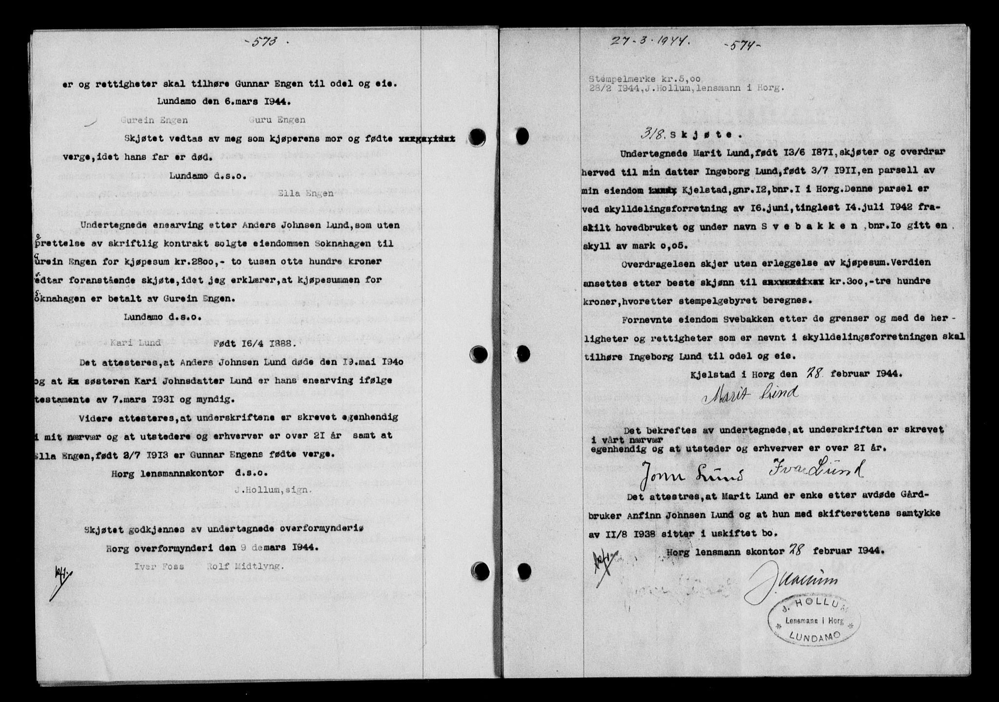 Gauldal sorenskriveri, SAT/A-0014/1/2/2C/L0057: Pantebok nr. 62, 1943-1944, Dagboknr: 318/1944