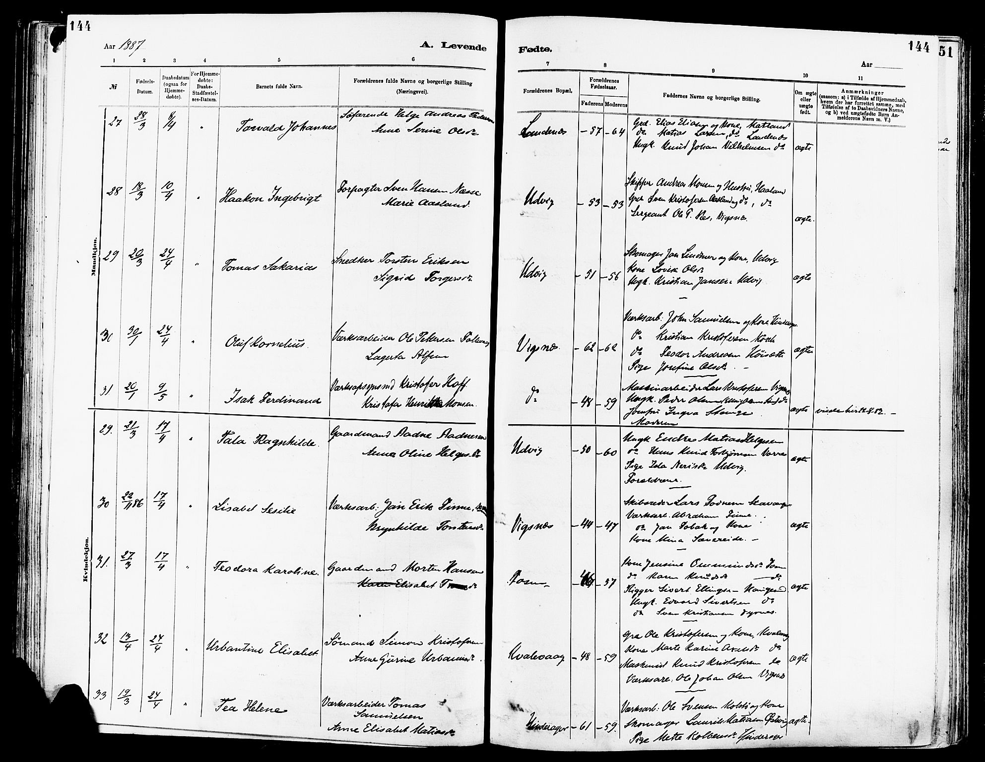 Avaldsnes sokneprestkontor, AV/SAST-A -101851/H/Ha/Haa/L0014: Ministerialbok nr. A 14, 1880-1889, s. 144