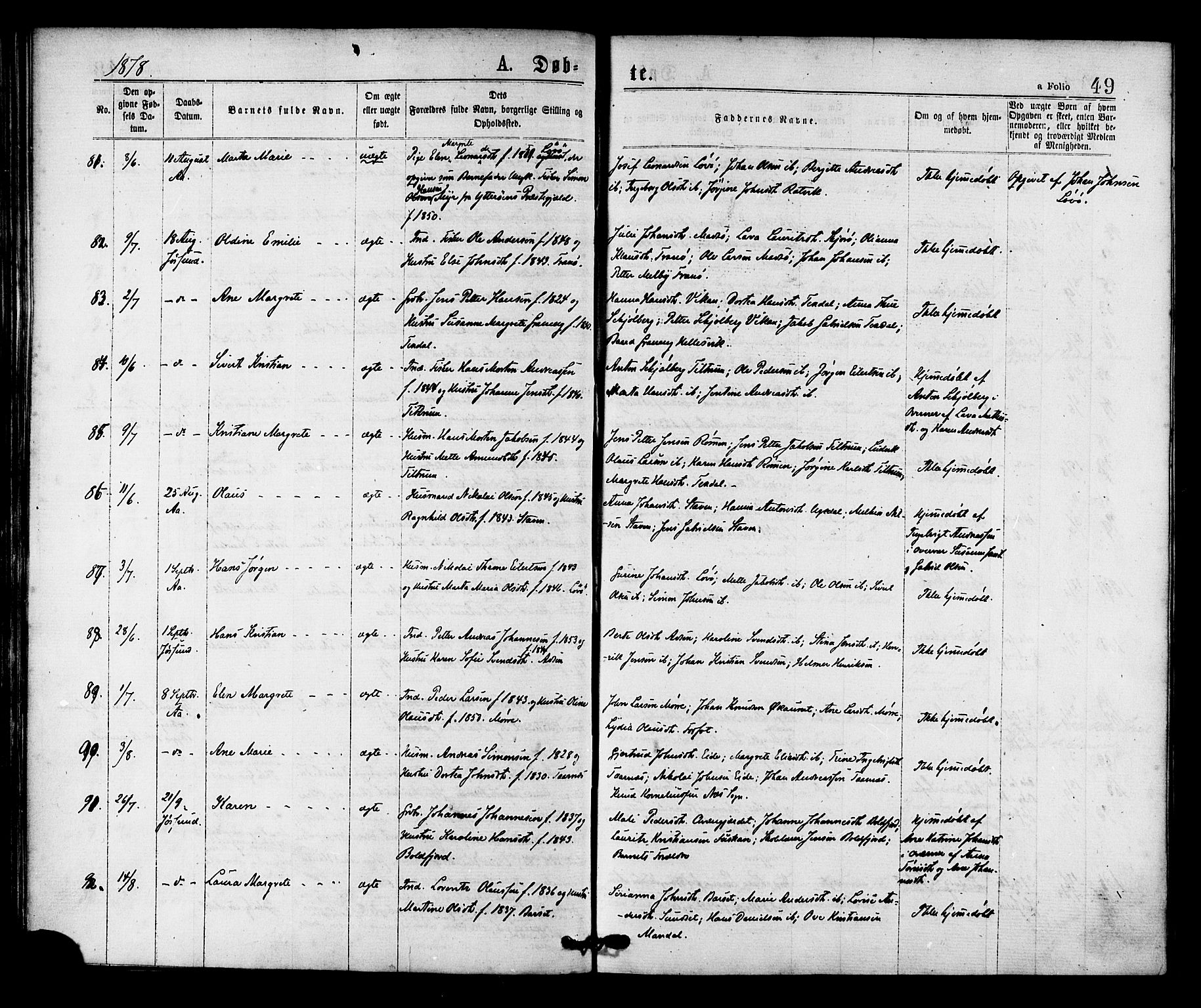 Ministerialprotokoller, klokkerbøker og fødselsregistre - Sør-Trøndelag, SAT/A-1456/655/L0679: Ministerialbok nr. 655A08, 1873-1879, s. 49