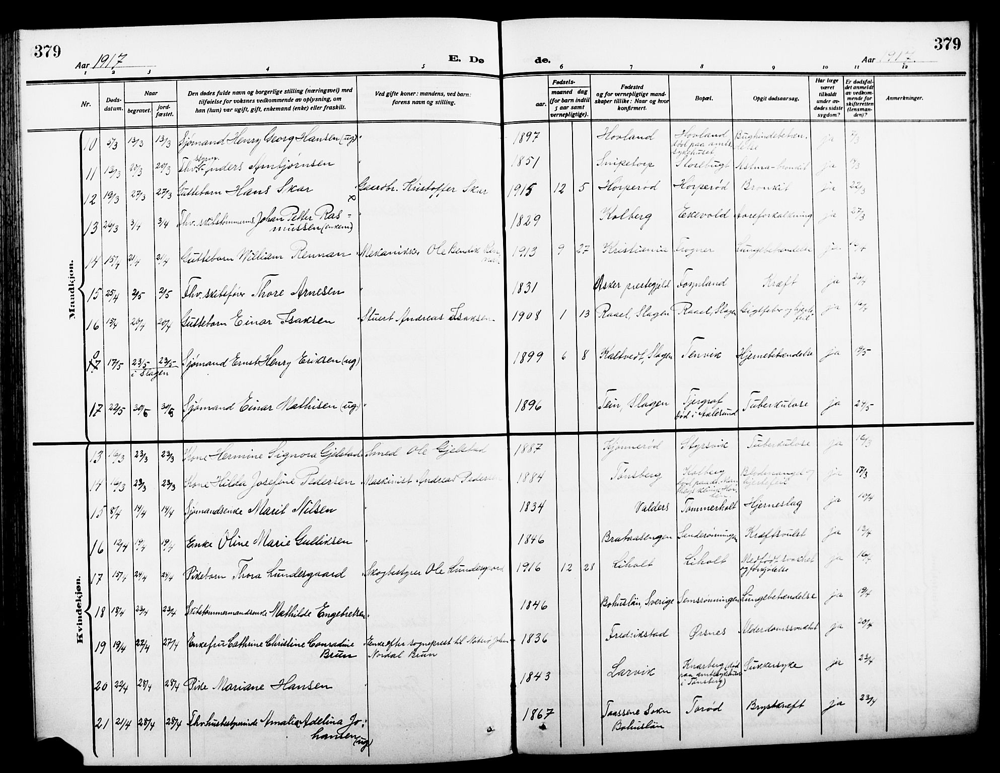 Nøtterøy kirkebøker, AV/SAKO-A-354/G/Ga/L0005: Klokkerbok nr. I 5, 1910-1924, s. 379