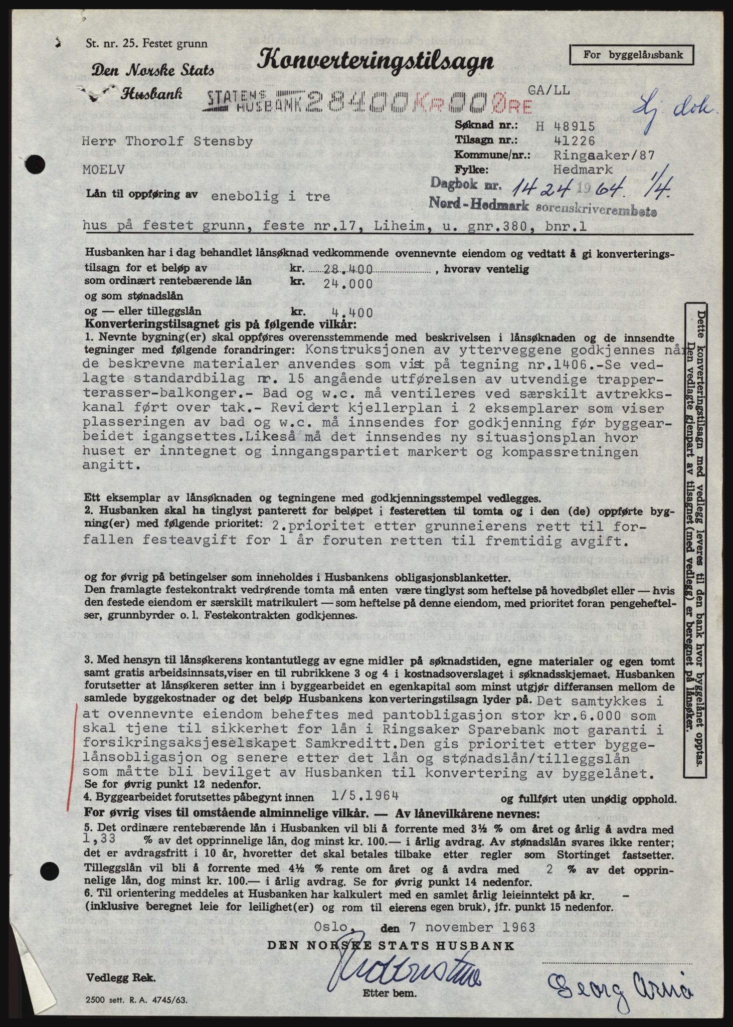 Nord-Hedmark sorenskriveri, SAH/TING-012/H/Hc/L0019: Pantebok nr. 19, 1963-1964, Dagboknr: 1424/1964