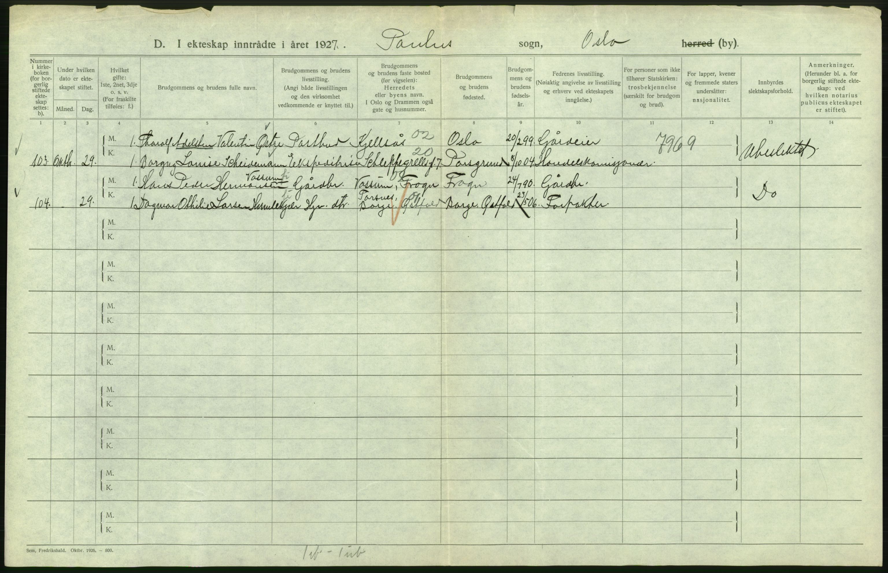 Statistisk sentralbyrå, Sosiodemografiske emner, Befolkning, AV/RA-S-2228/D/Df/Dfc/Dfcg/L0008: Oslo: Gifte, 1927, s. 468