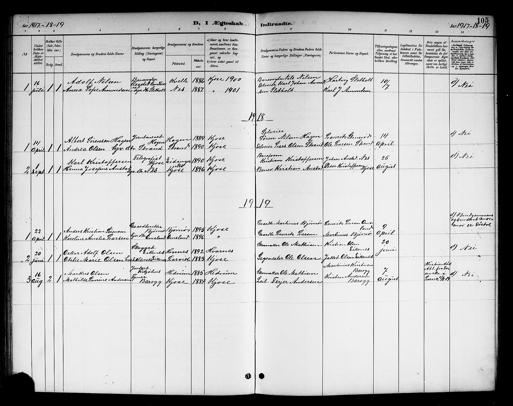 Brunlanes kirkebøker, AV/SAKO-A-342/G/Gc/L0002: Klokkerbok nr. III 2, 1891-1922, s. 105