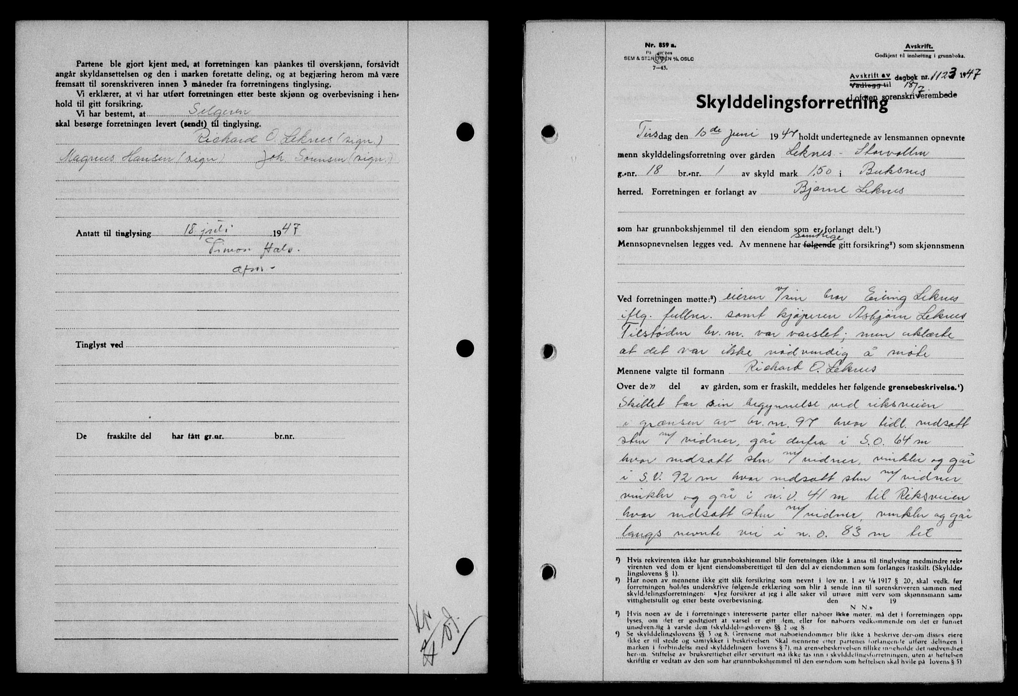 Lofoten sorenskriveri, SAT/A-0017/1/2/2C/L0016a: Pantebok nr. 16a, 1947-1947, Dagboknr: 1123/1947