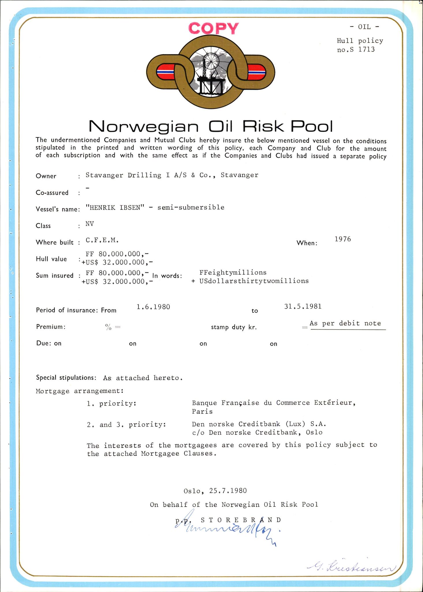 Pa 1503 - Stavanger Drilling AS, SAST/A-101906/2/E/Ec/Eca/L0010: Forsikring, 1976-1983