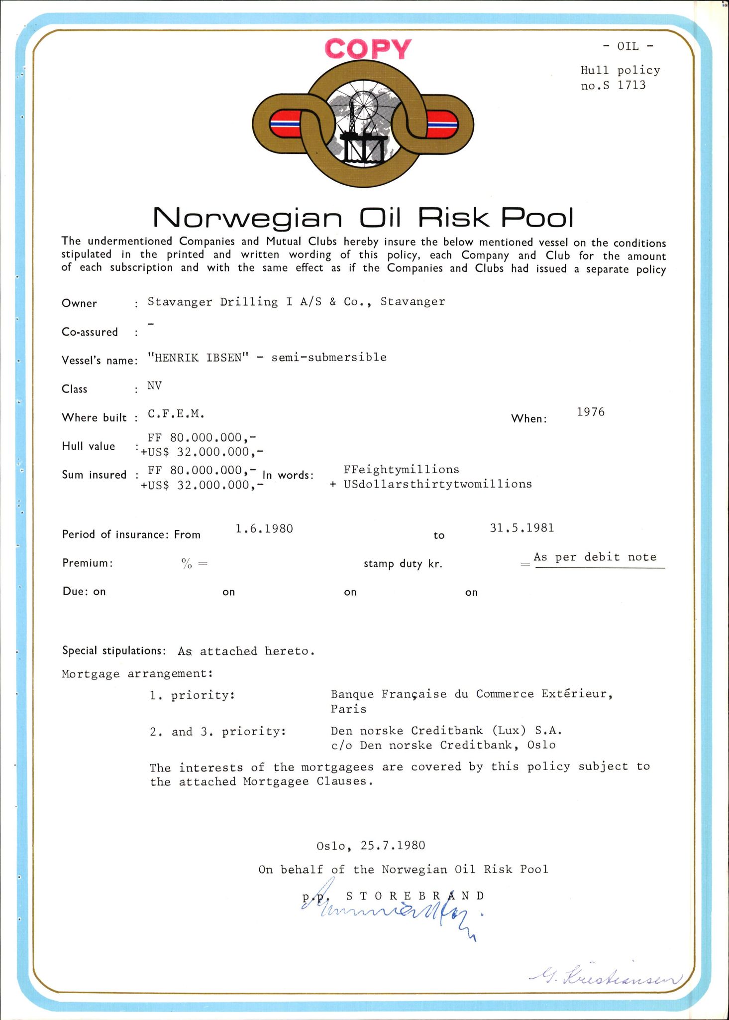 Pa 1503 - Stavanger Drilling AS, AV/SAST-A-101906/2/E/Ec/Eca/L0010: Forsikring, 1976-1983