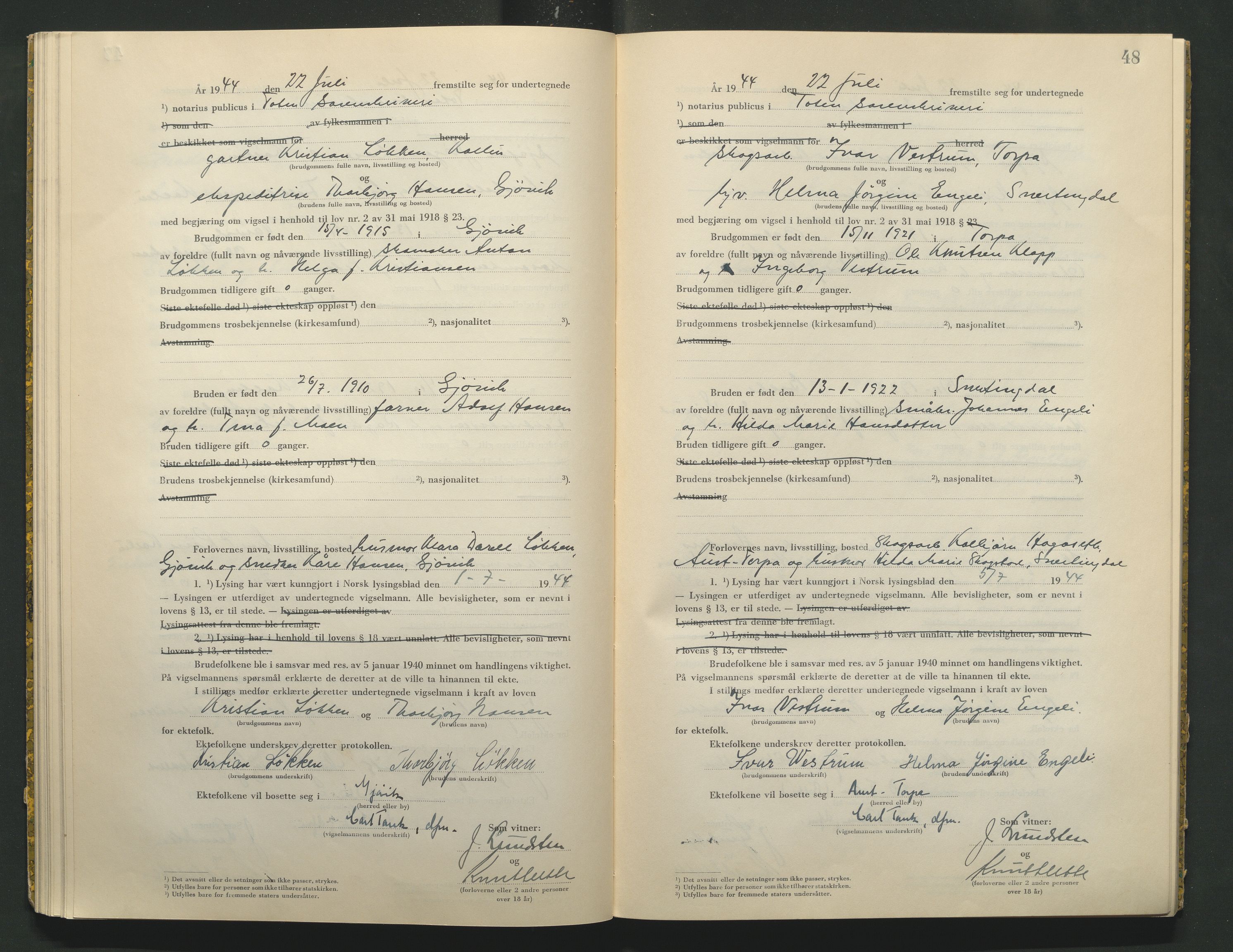 Toten tingrett, AV/SAH-TING-006/L/Lc/L0004: Vigselbok, 1944, s. 48