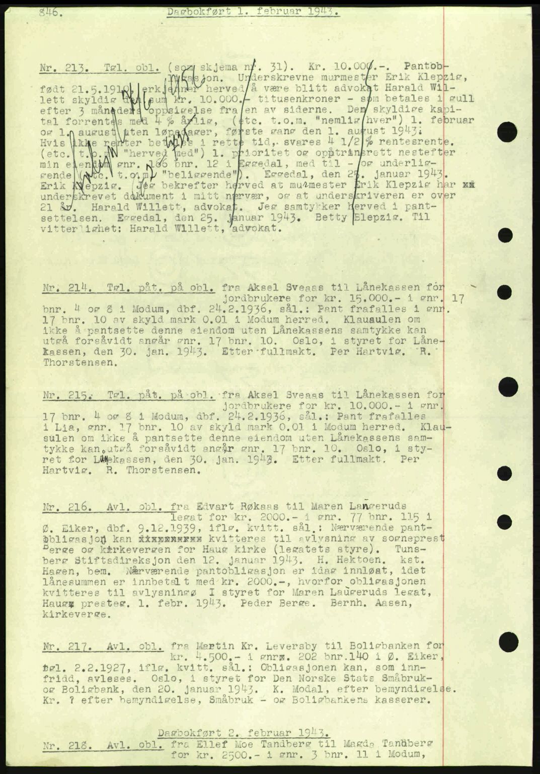 Eiker, Modum og Sigdal sorenskriveri, SAKO/A-123/G/Ga/Gab/L0047: Pantebok nr. A17, 1942-1943, Dagboknr: 213/1943