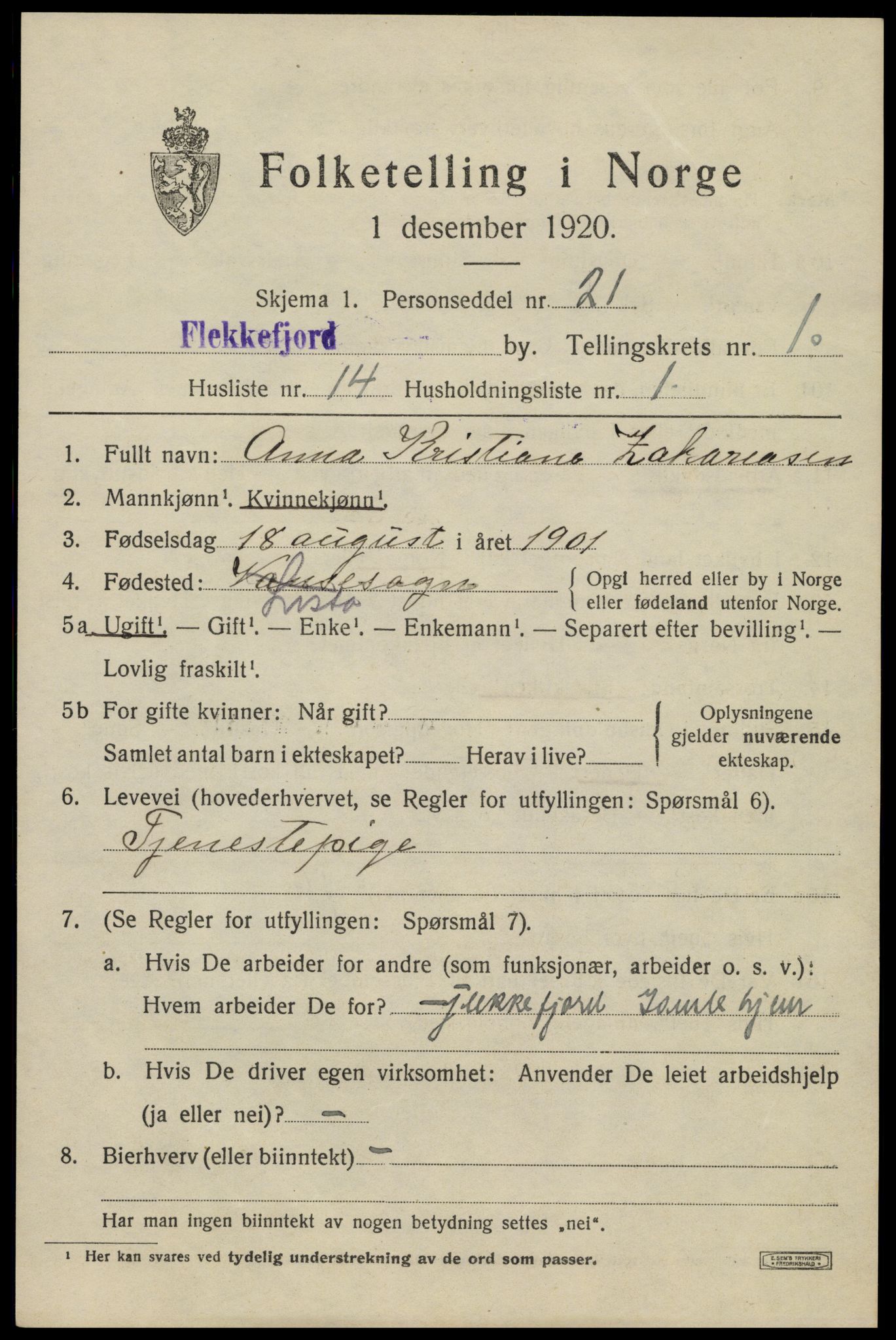 SAK, Folketelling 1920 for 1004 Flekkefjord kjøpstad, 1920, s. 2036