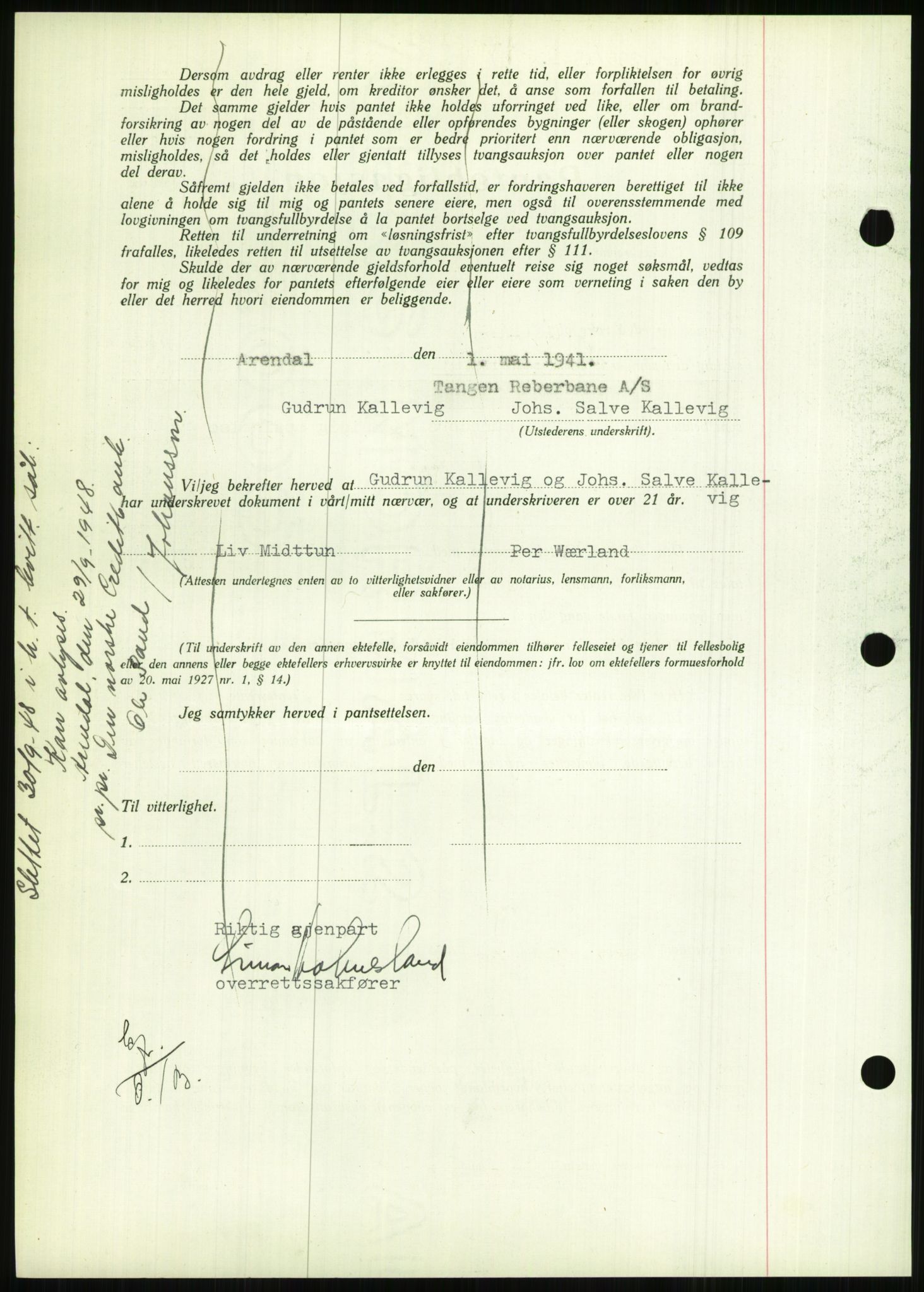 Nedenes sorenskriveri, AV/SAK-1221-0006/G/Gb/Gbb/L0001: Pantebok nr. I, 1939-1942, Dagboknr: 295/1941