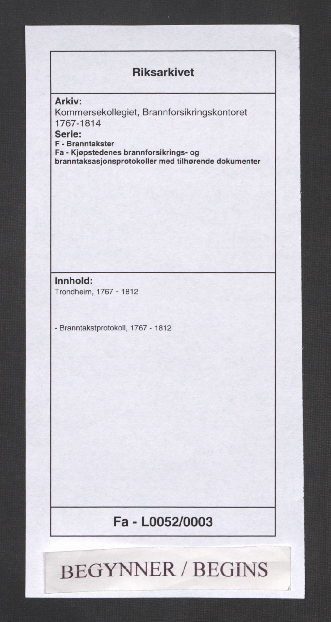 Kommersekollegiet, Brannforsikringskontoret 1767-1814, RA/EA-5458/F/Fa/L0052/0003: Trondheim / Branntakstprotokoll, 1767-1812