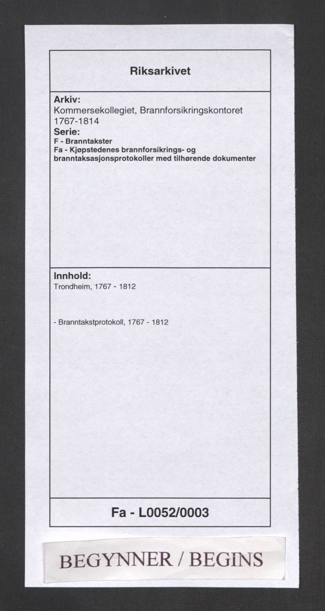 Kommersekollegiet, Brannforsikringskontoret 1767-1814, AV/RA-EA-5458/F/Fa/L0052/0003: Trondheim / Branntakstprotokoll, 1767-1812