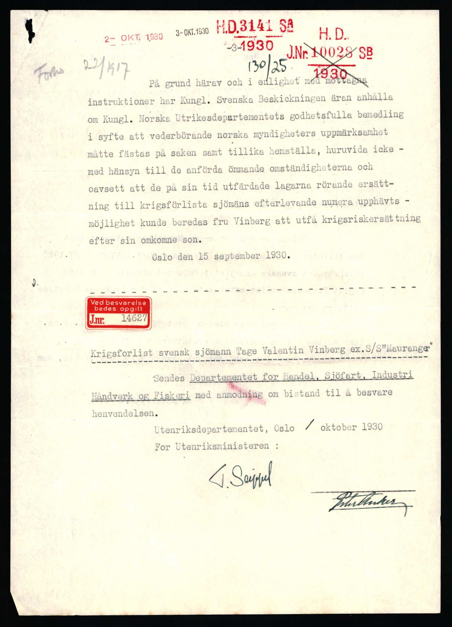 Handelsdepartementet, Sjøfartsavdelingen, 1. sjømannskontor, AV/RA-S-1405/D/Dm/L0010: Forliste skip Lar - Min, 1906-1920, s. 793