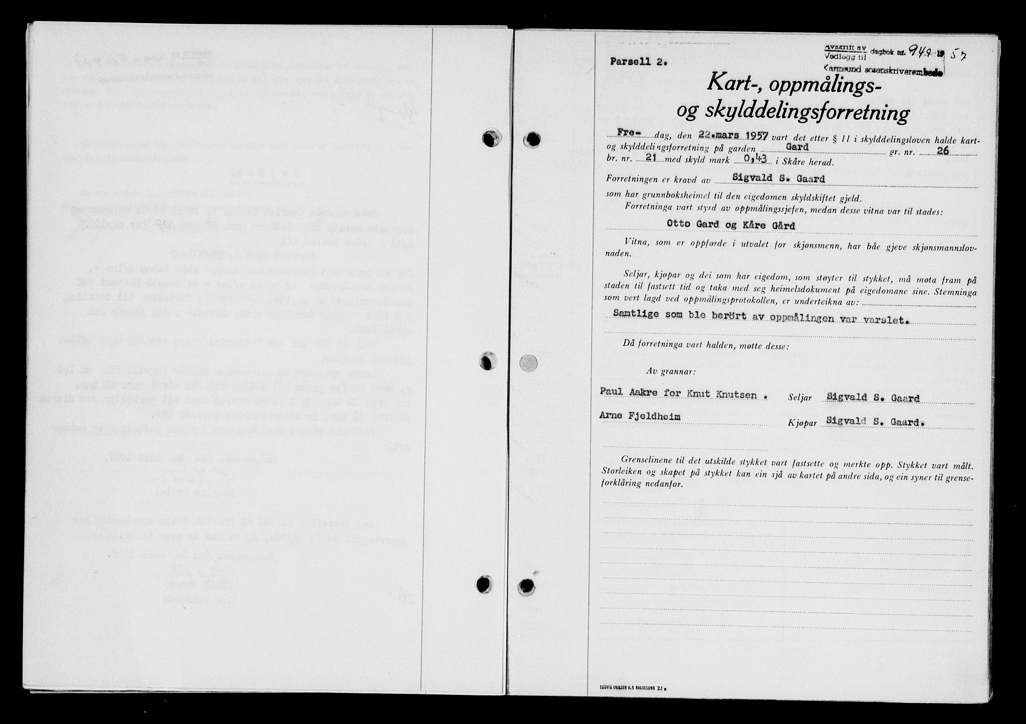 Karmsund sorenskriveri, SAST/A-100311/01/II/IIB/L0124: Pantebok nr. 104A, 1957-1957, Dagboknr: 949/1957