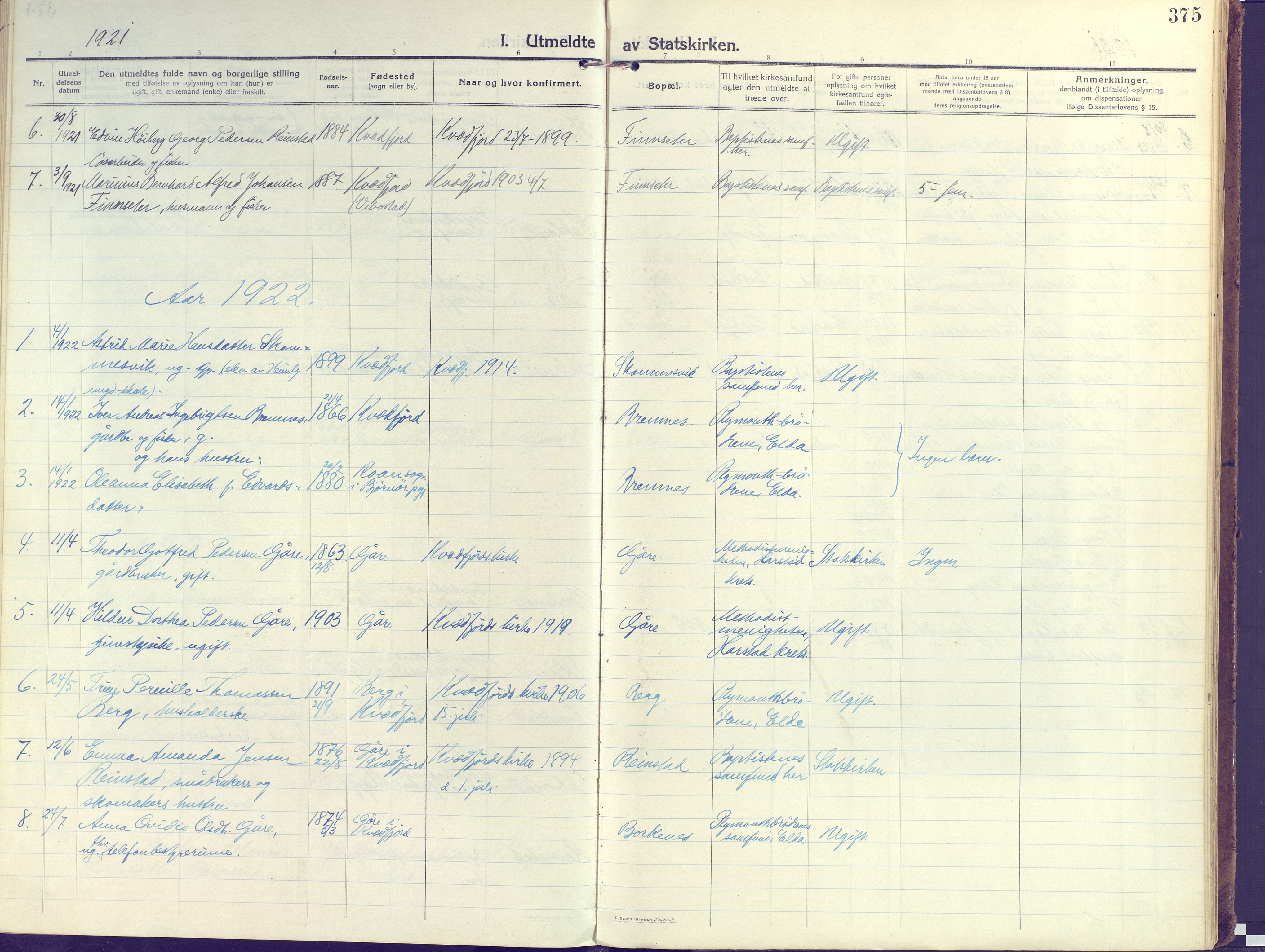 Kvæfjord sokneprestkontor, AV/SATØ-S-1323/G/Ga/Gaa/L0007kirke: Ministerialbok nr. 7, 1915-1931, s. 375