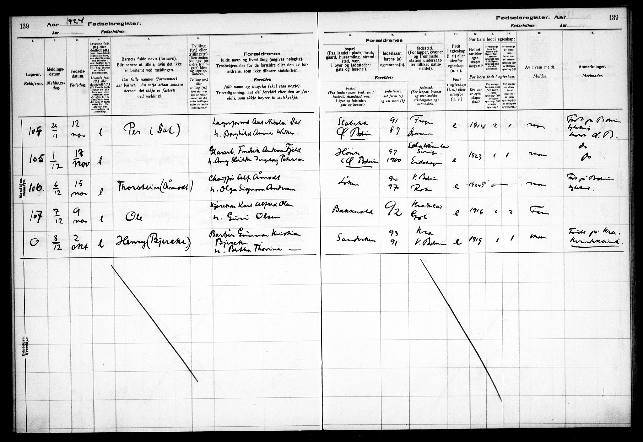 Vestre Bærum prestekontor Kirkebøker, AV/SAO-A-10209a/J/L0001: Fødselsregister nr. 1, 1916-1926, s. 139