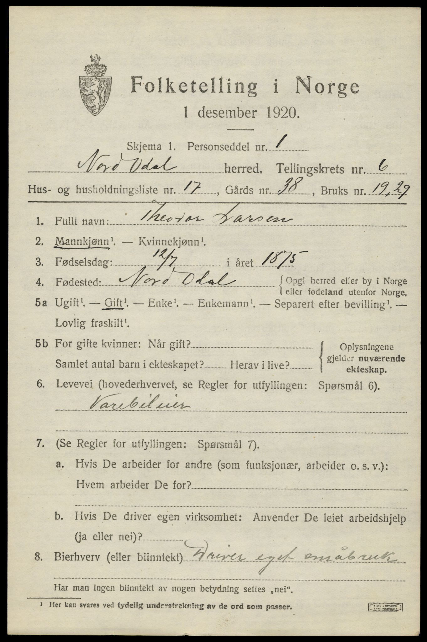 SAH, Folketelling 1920 for 0418 Nord-Odal herred, 1920, s. 6795