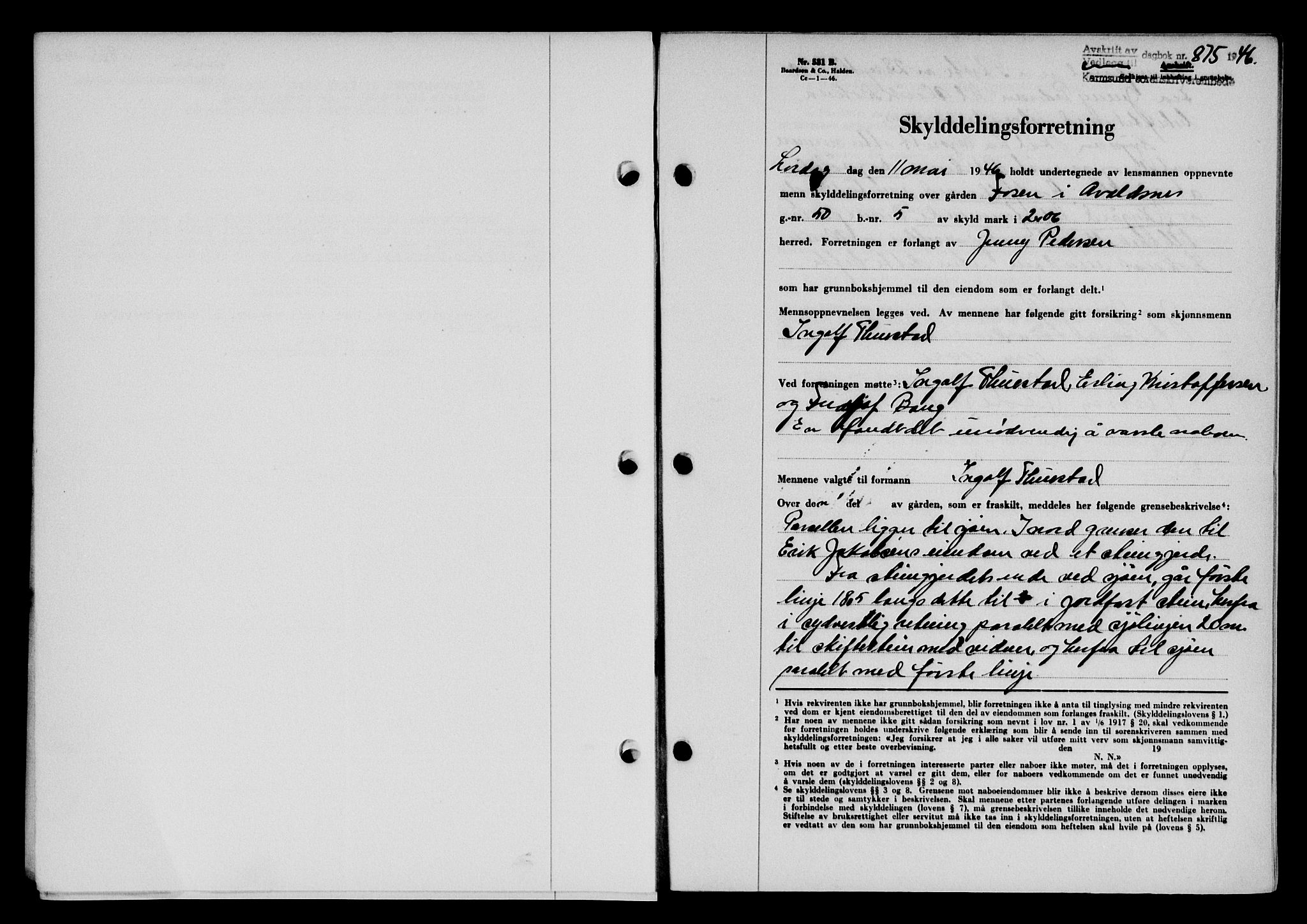 Karmsund sorenskriveri, AV/SAST-A-100311/01/II/IIB/L0085: Pantebok nr. 66A, 1946-1946, Dagboknr: 875/1946