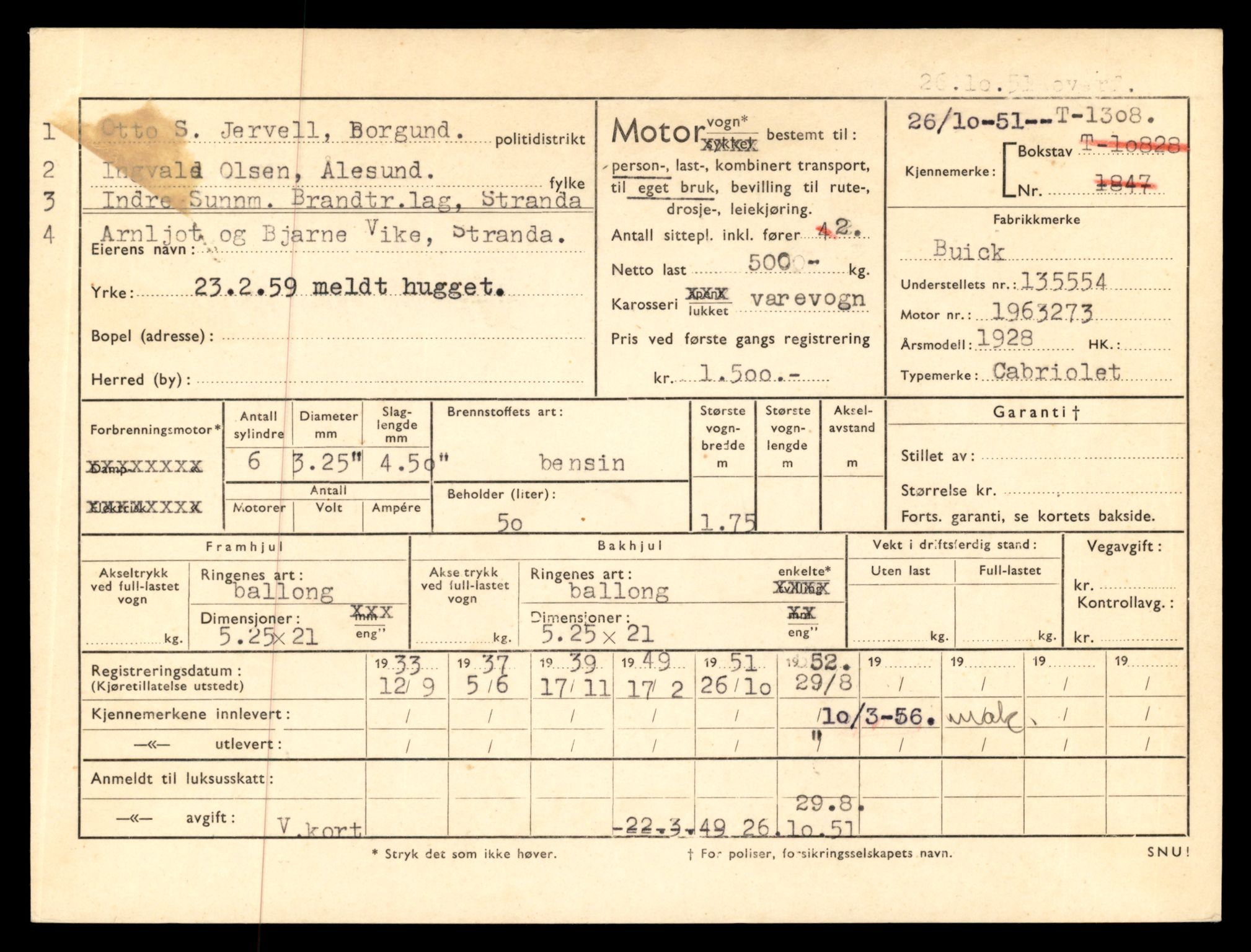 Møre og Romsdal vegkontor - Ålesund trafikkstasjon, SAT/A-4099/F/Fe/L0012: Registreringskort for kjøretøy T 1290 - T 1450, 1927-1998, s. 473