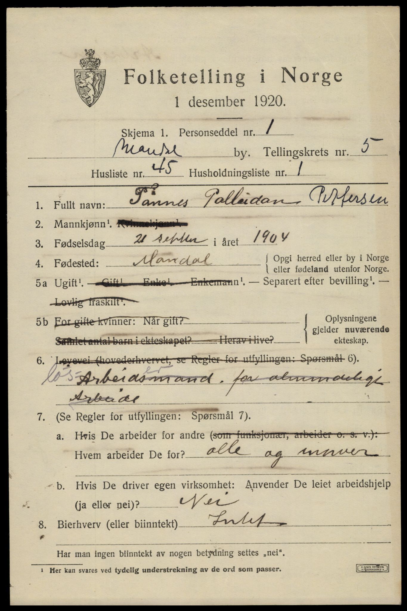 SAK, Folketelling 1920 for 1002 Mandal ladested, 1920, s. 8583