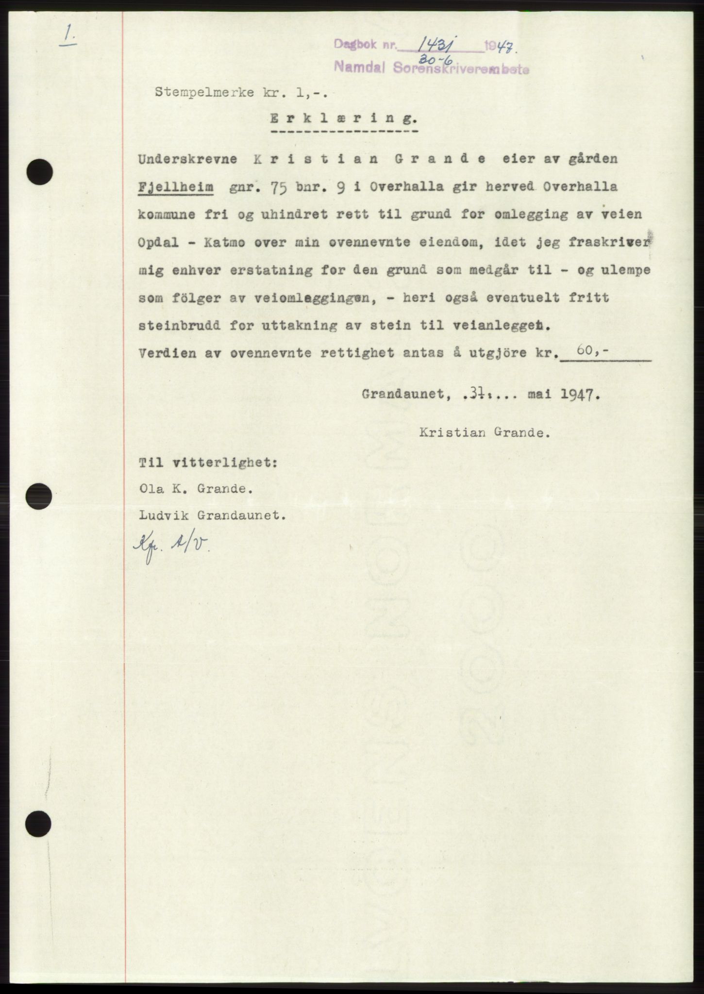 Namdal sorenskriveri, SAT/A-4133/1/2/2C: Pantebok nr. -, 1947-1947, Dagboknr: 1431/1947