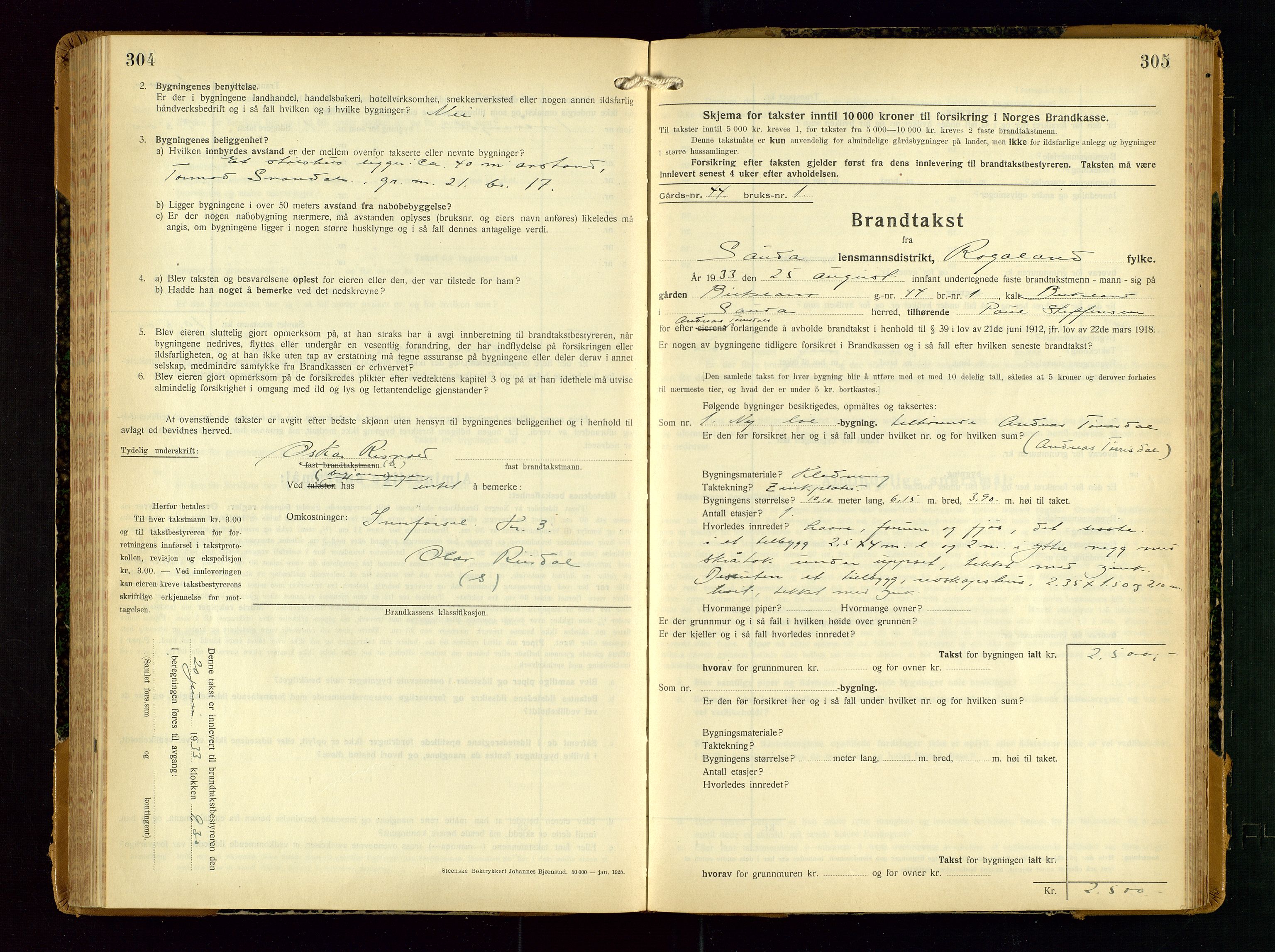 Sauda lensmannskontor, AV/SAST-A-100177/Gob/L0003: Branntakstprotokoll - skjematakst, 1928-1936, s. 304-305