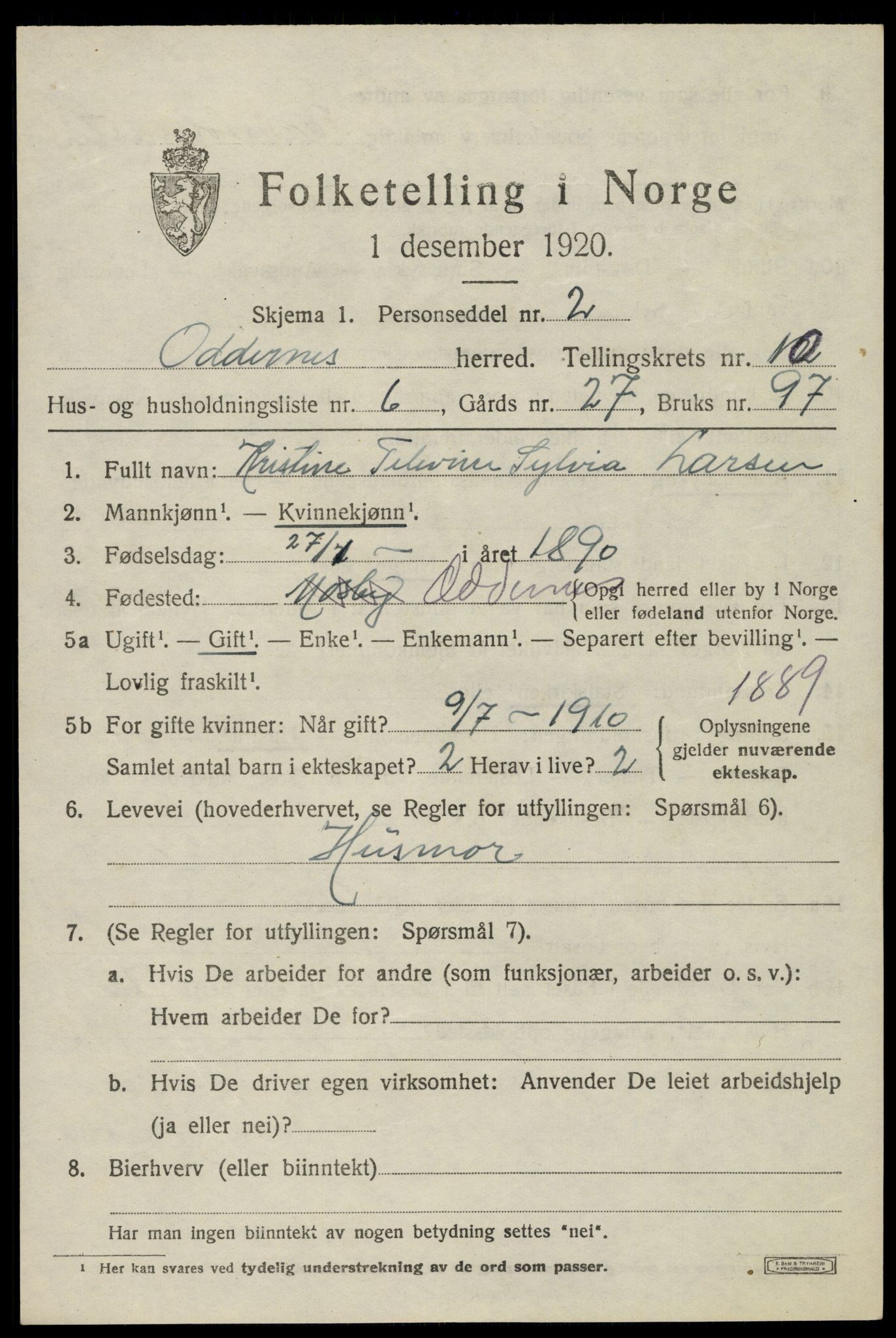 SAK, Folketelling 1920 for 1012 Oddernes herred, 1920, s. 6427
