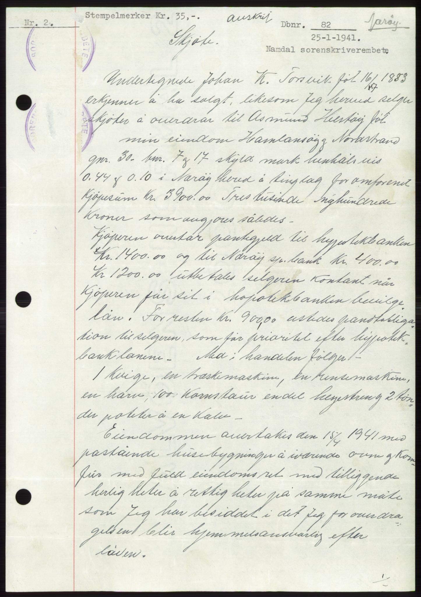 Namdal sorenskriveri, SAT/A-4133/1/2/2C: Pantebok nr. -, 1940-1941, Tingl.dato: 25.01.1941