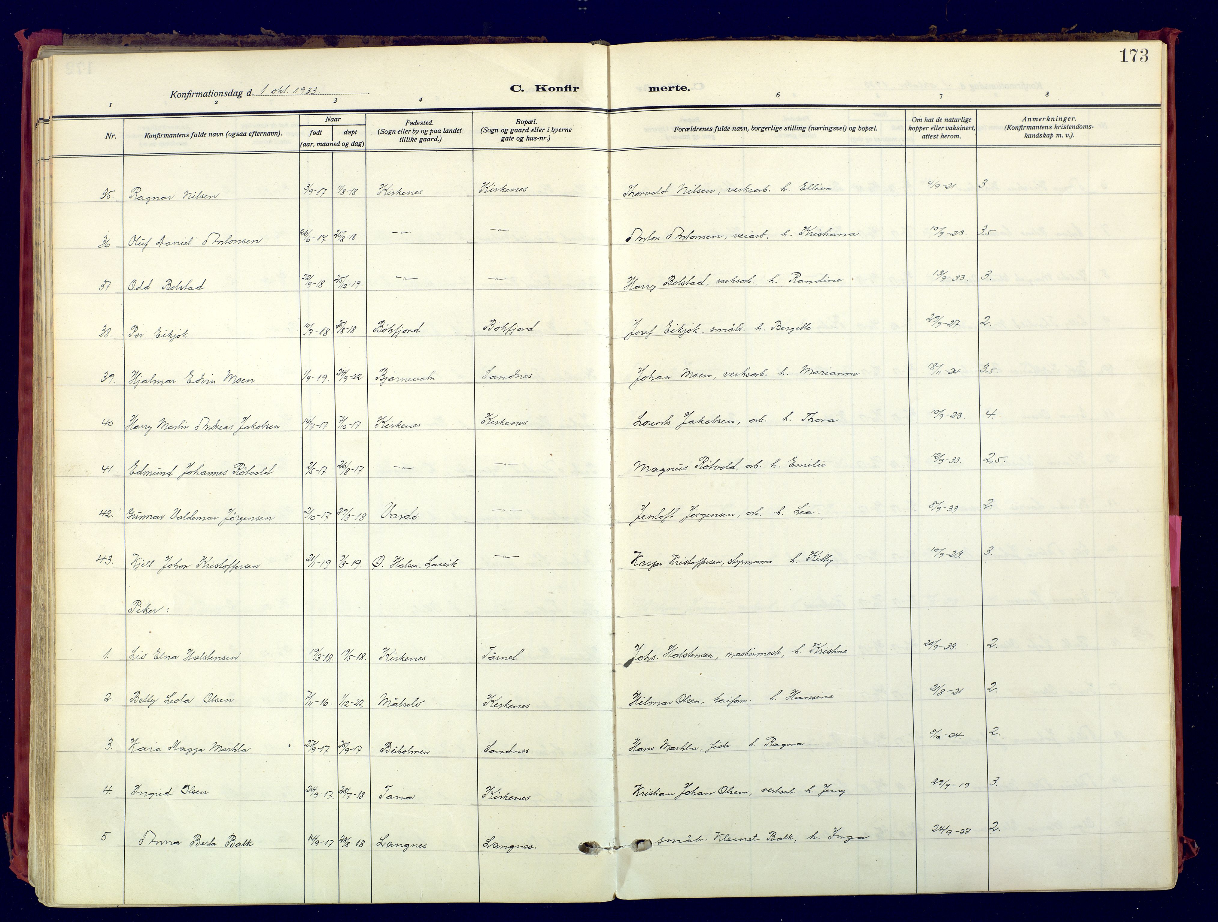 Sør-Varanger sokneprestkontor, AV/SATØ-S-1331/H/Ha/L0007kirke: Ministerialbok nr. 7, 1927-1937, s. 173