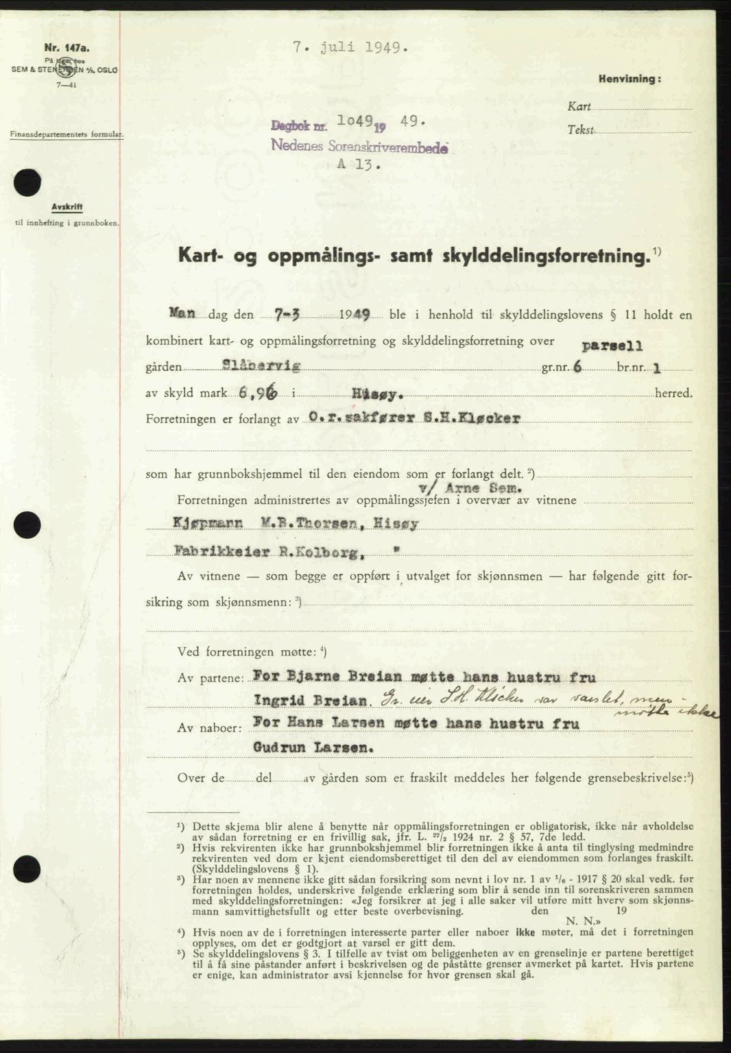 Nedenes sorenskriveri, AV/SAK-1221-0006/G/Gb/Gba/L0061: Pantebok nr. A13, 1949-1949, Dagboknr: 1049/1949