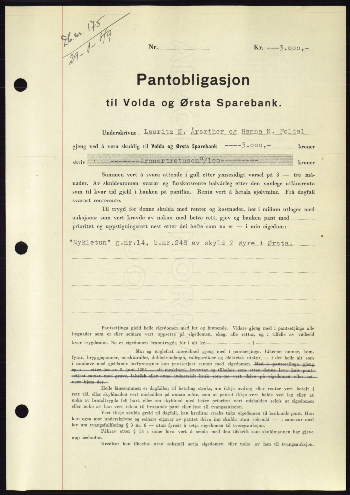 Søre Sunnmøre sorenskriveri, SAT/A-4122/1/2/2C/L0116: Pantebok nr. 4B, 1948-1949, Dagboknr: 175/1949