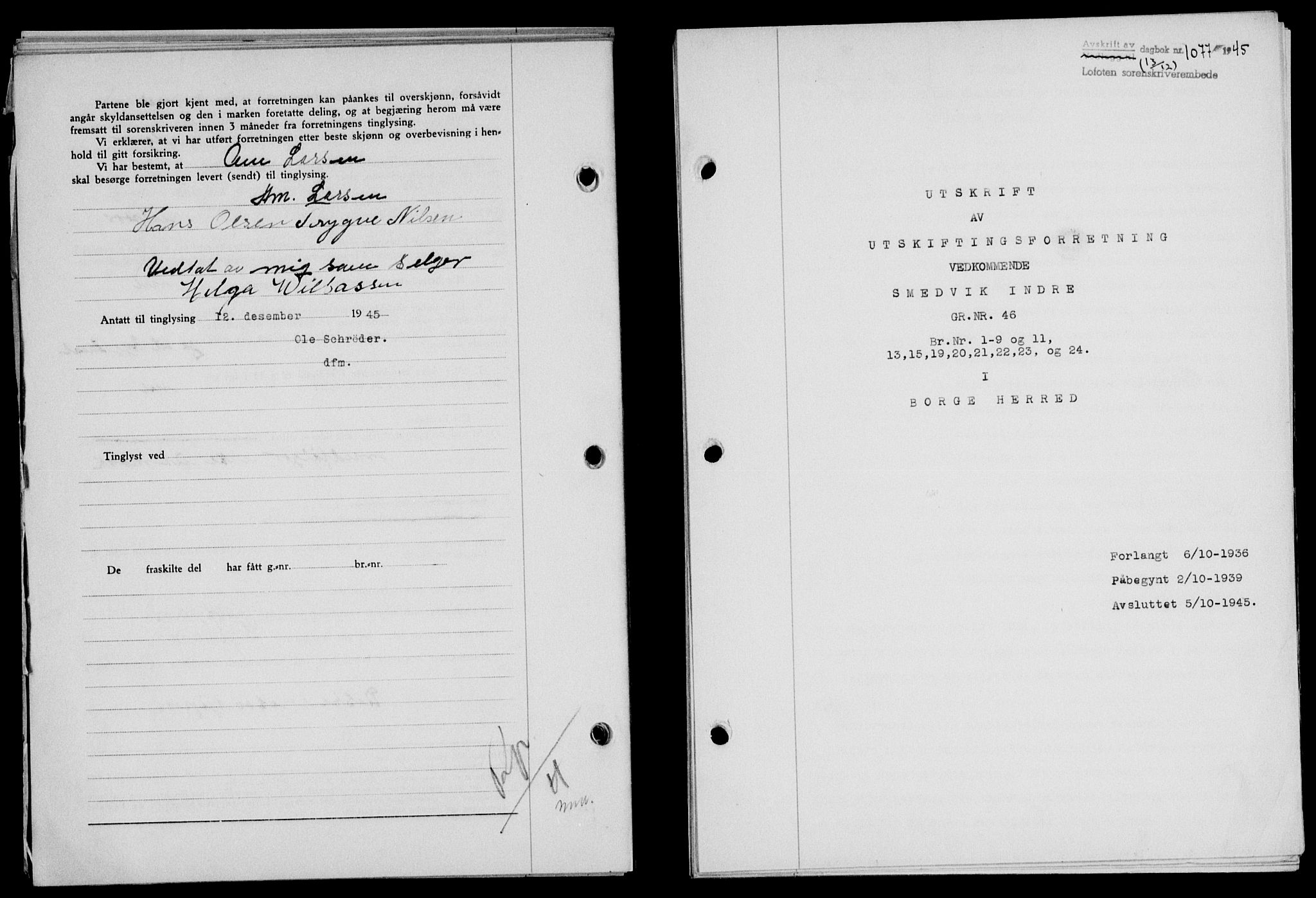 Lofoten sorenskriveri, SAT/A-0017/1/2/2C/L0013a: Pantebok nr. 13a, 1944-1946, Dagboknr: 1077/1945