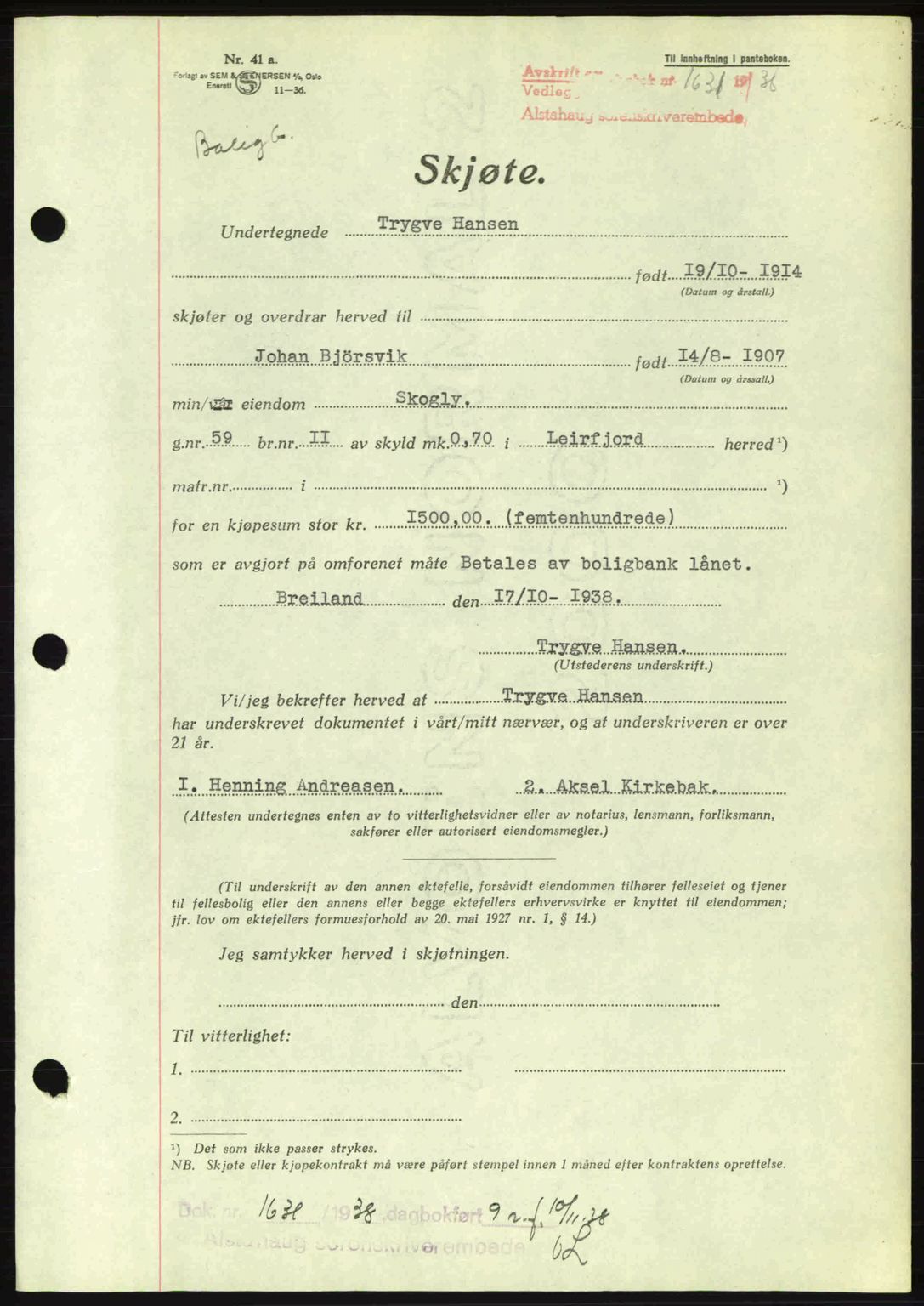 Alstahaug sorenskriveri, SAT/A-1009: Pantebok nr. A3, 1937-1938, Dagboknr: 1631/1938