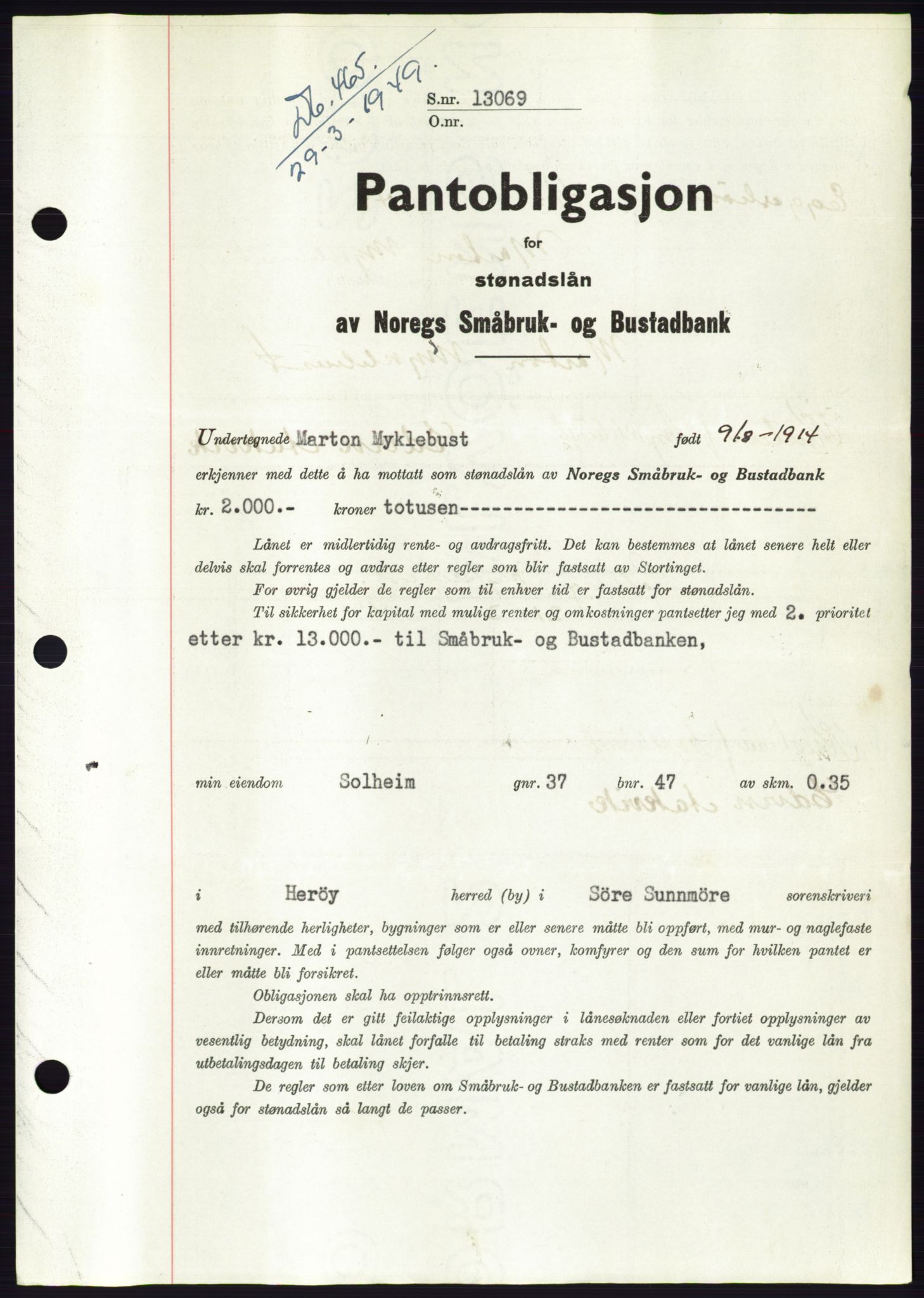 Søre Sunnmøre sorenskriveri, SAT/A-4122/1/2/2C/L0116: Pantebok nr. 4B, 1948-1949, Dagboknr: 465/1949