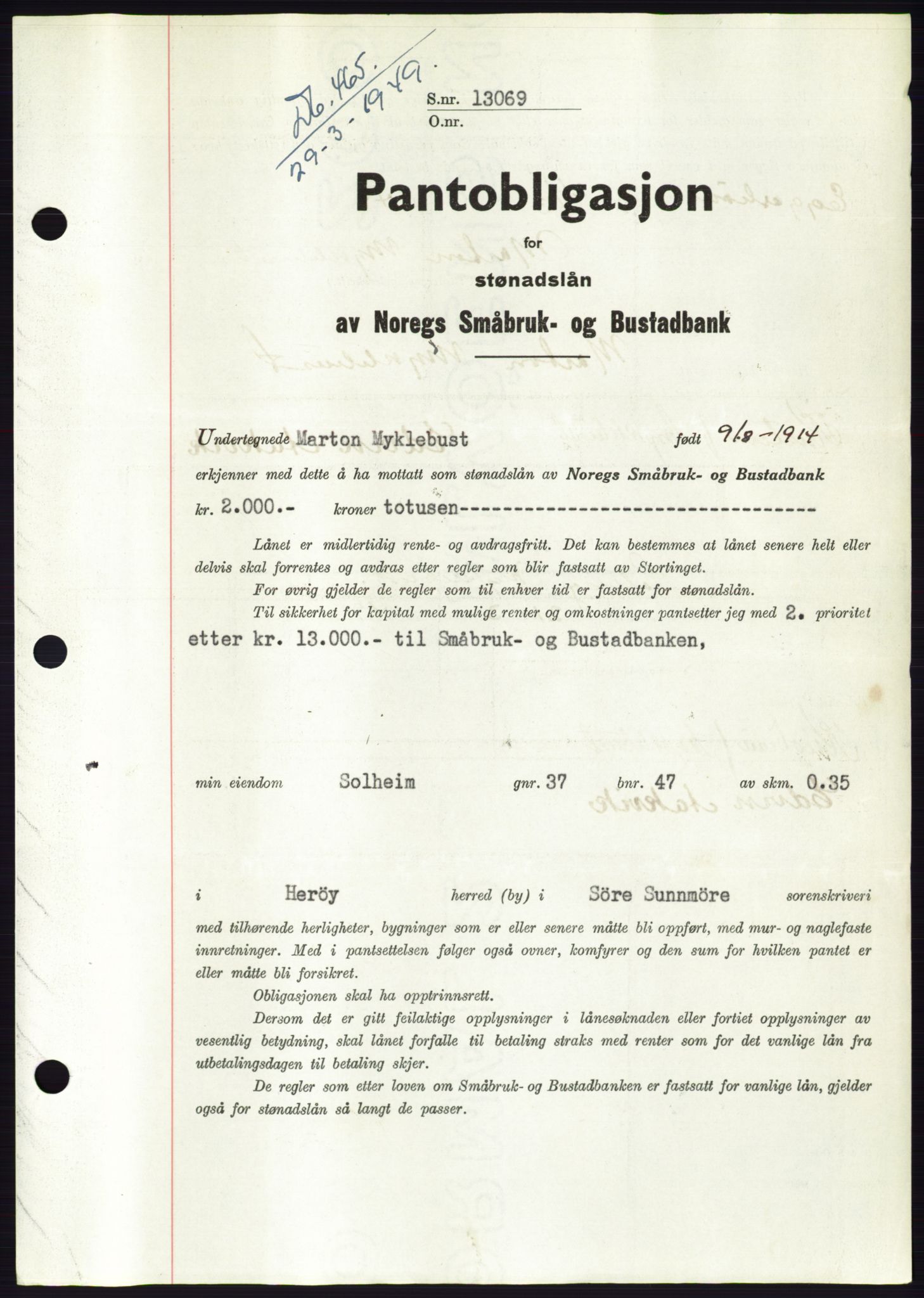 Søre Sunnmøre sorenskriveri, AV/SAT-A-4122/1/2/2C/L0116: Pantebok nr. 4B, 1948-1949, Dagboknr: 465/1949