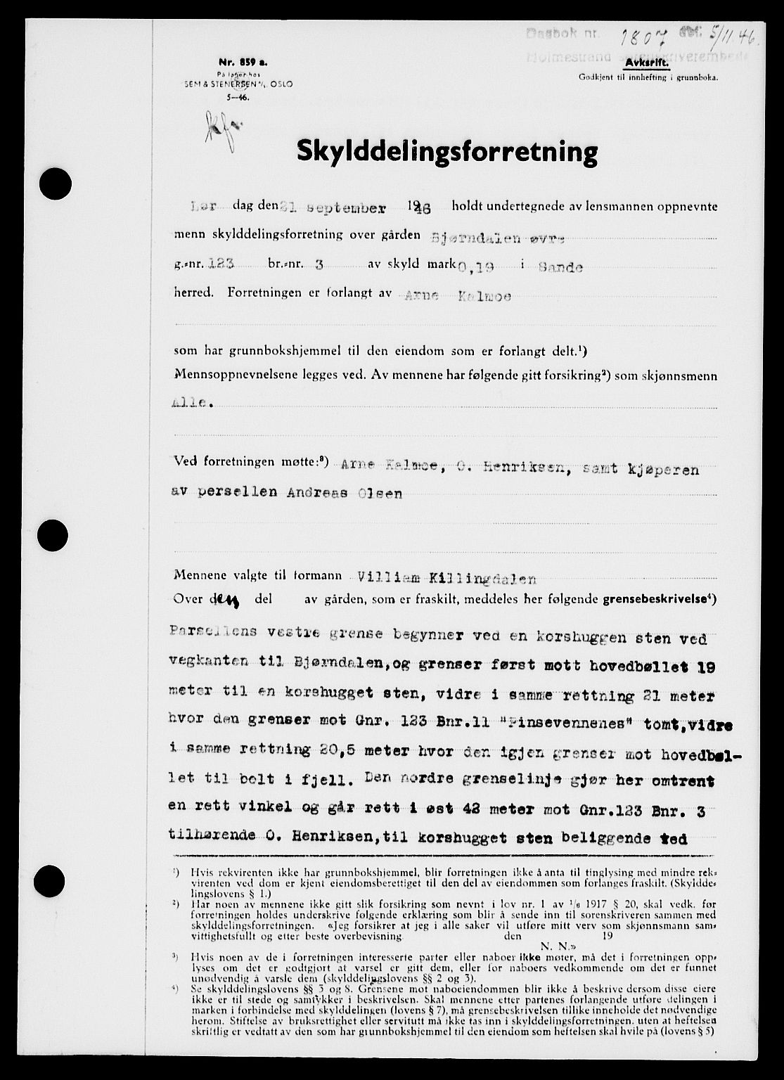 Holmestrand sorenskriveri, SAKO/A-67/G/Ga/Gaa/L0061: Pantebok nr. A-61, 1946-1947, Dagboknr: 1807/1946