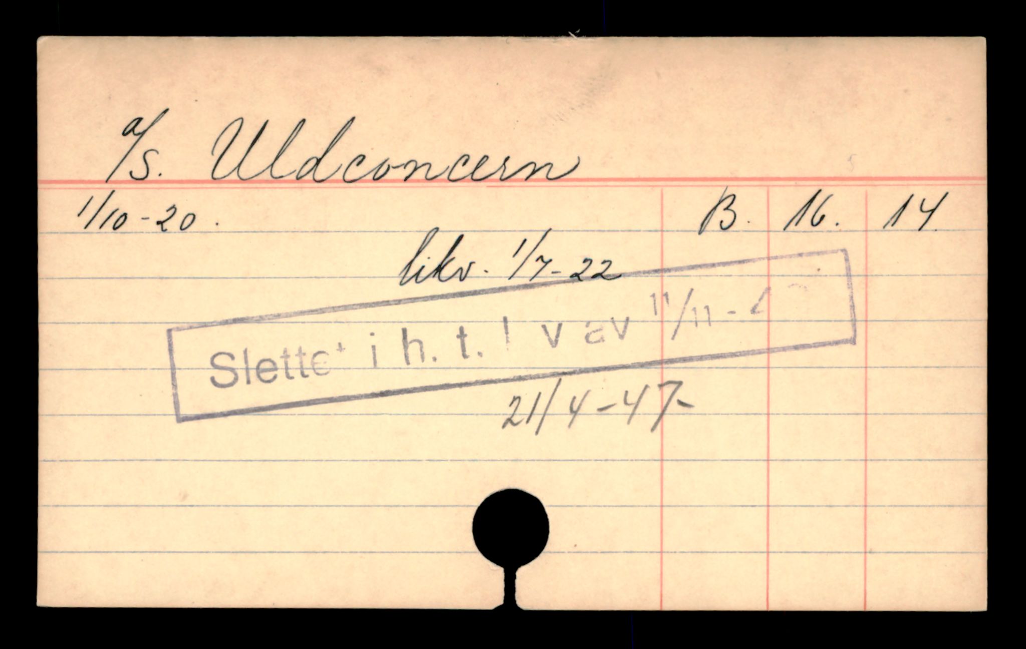 Oslo byfogd, Handelsregisteret, AV/SAT-A-10867/G/Ga/Gad/L0068: Kartotekkort - Slettede foretak, Ul-Vic, 1890-1990