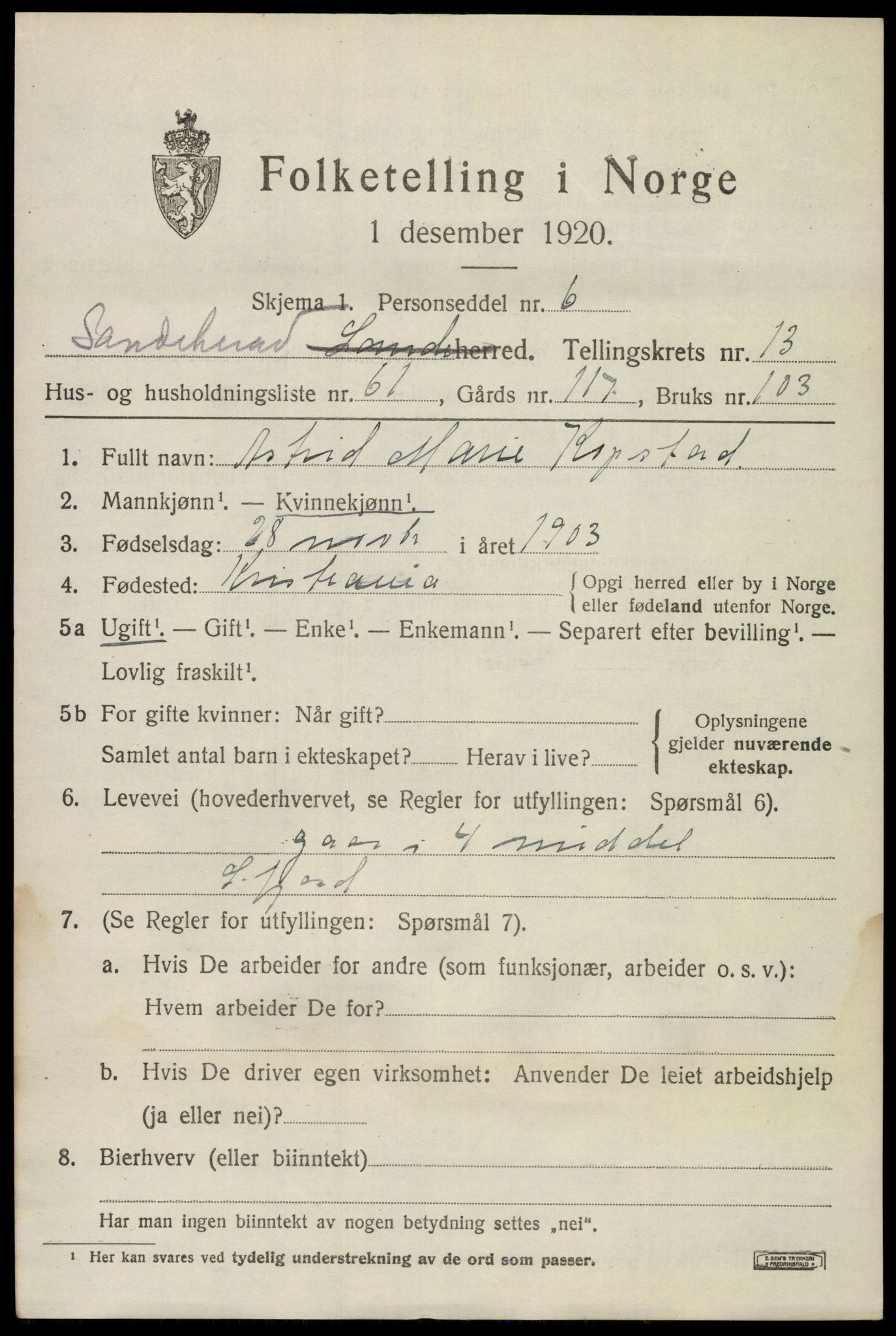 SAKO, Folketelling 1920 for 0724 Sandeherred herred, 1920, s. 20144