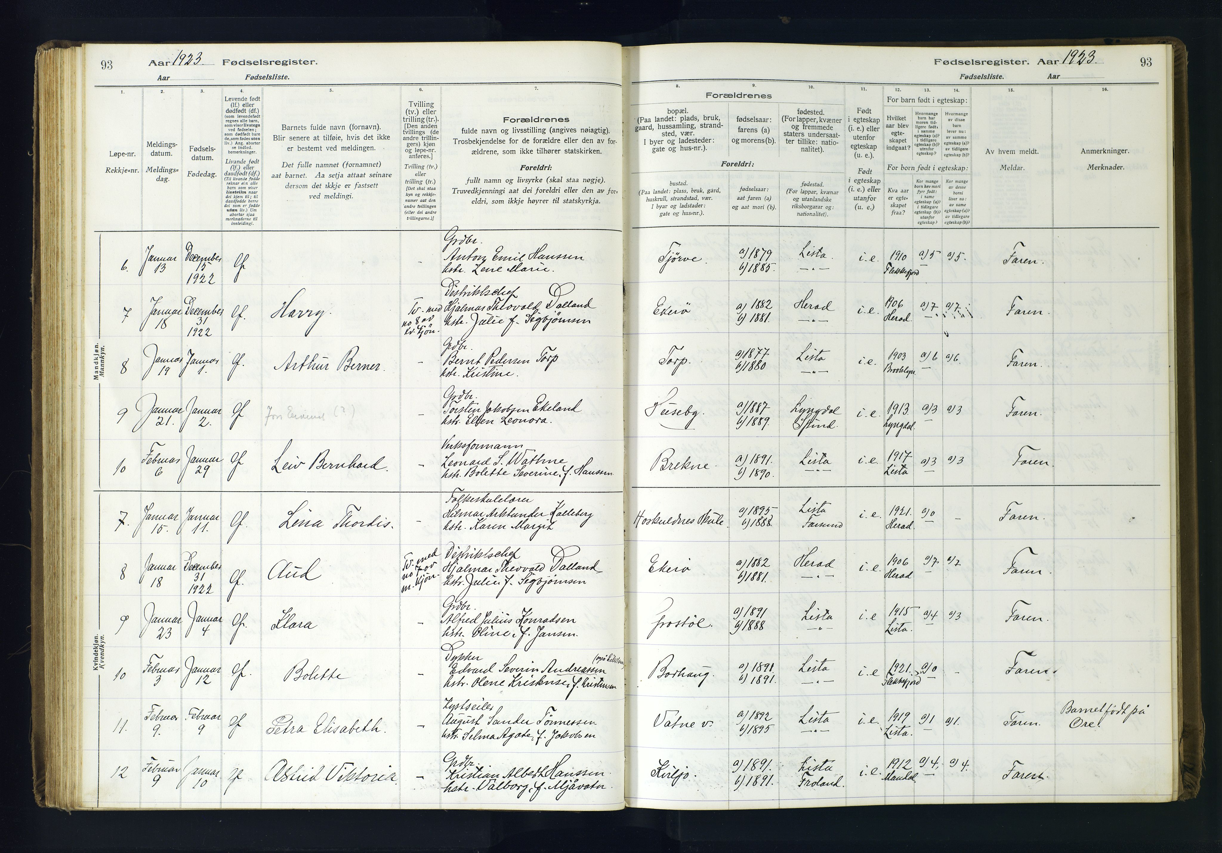 Lista sokneprestkontor, AV/SAK-1111-0027/J/Ja/L0001: Fødselsregister nr. A-VI-30, 1916-1934, s. 93