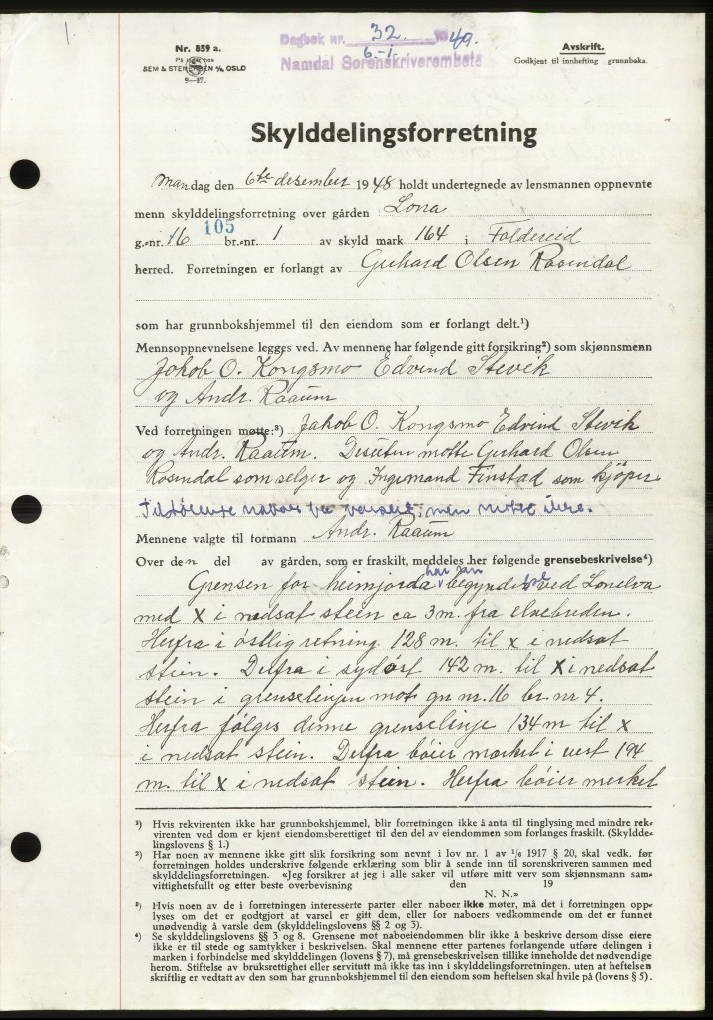 Namdal sorenskriveri, SAT/A-4133/1/2/2C: Pantebok nr. -, 1949-1949, Dagboknr: 32/1949
