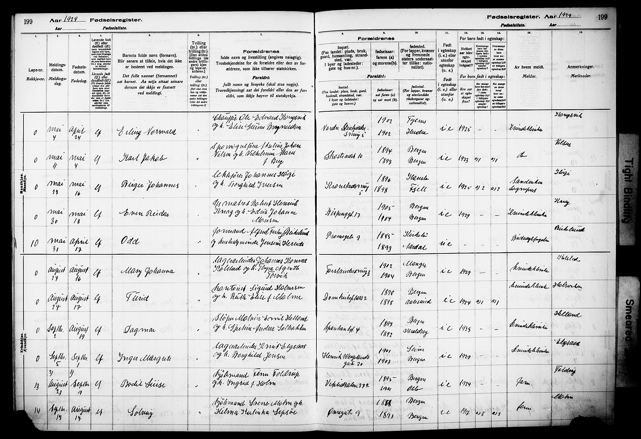 Korskirken sokneprestembete, AV/SAB-A-76101/I/Id/L00A1: Fødselsregister nr. A 1, 1916-1929, s. 199