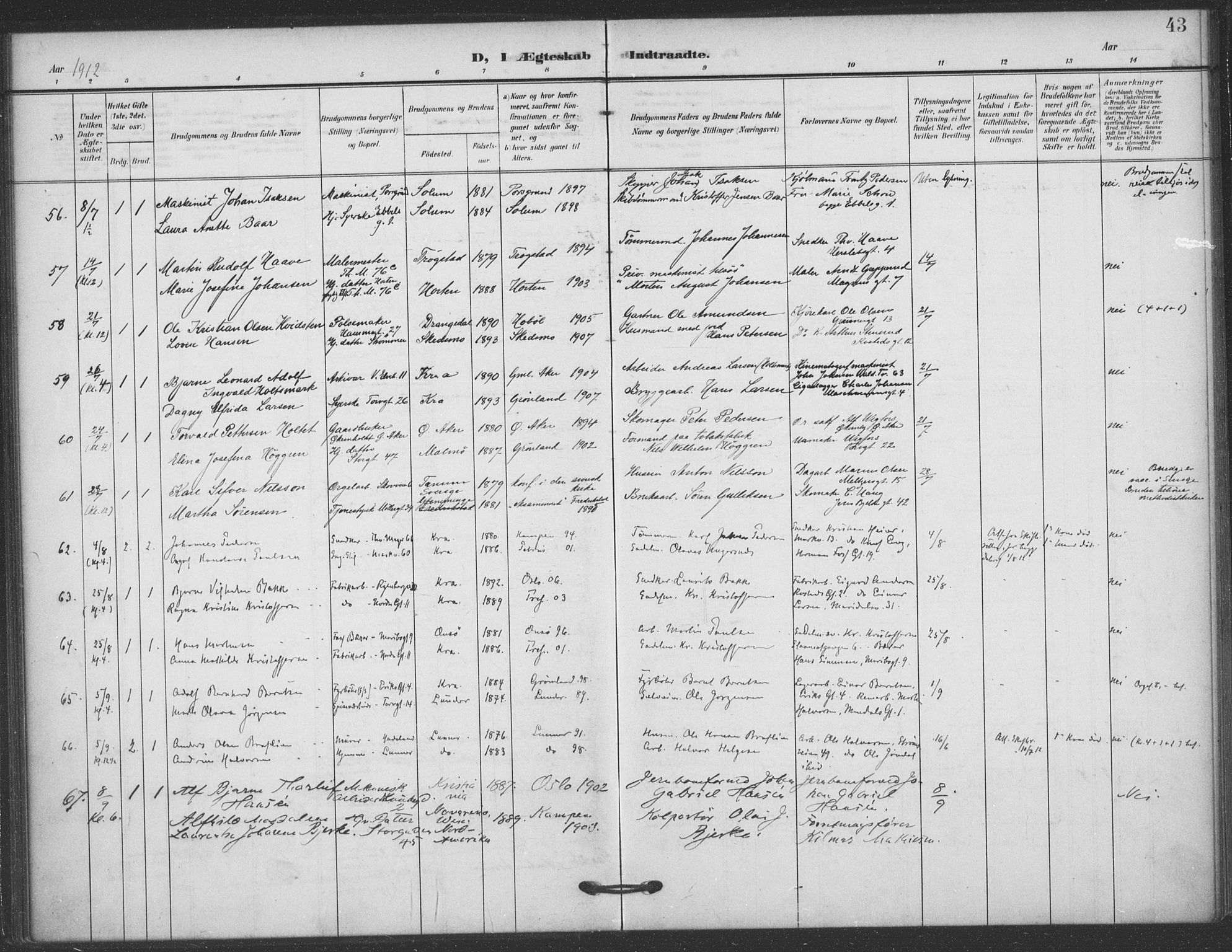Jakob prestekontor Kirkebøker, AV/SAO-A-10850/F/Fa/L0010: Ministerialbok nr. 10, 1908-1922, s. 43