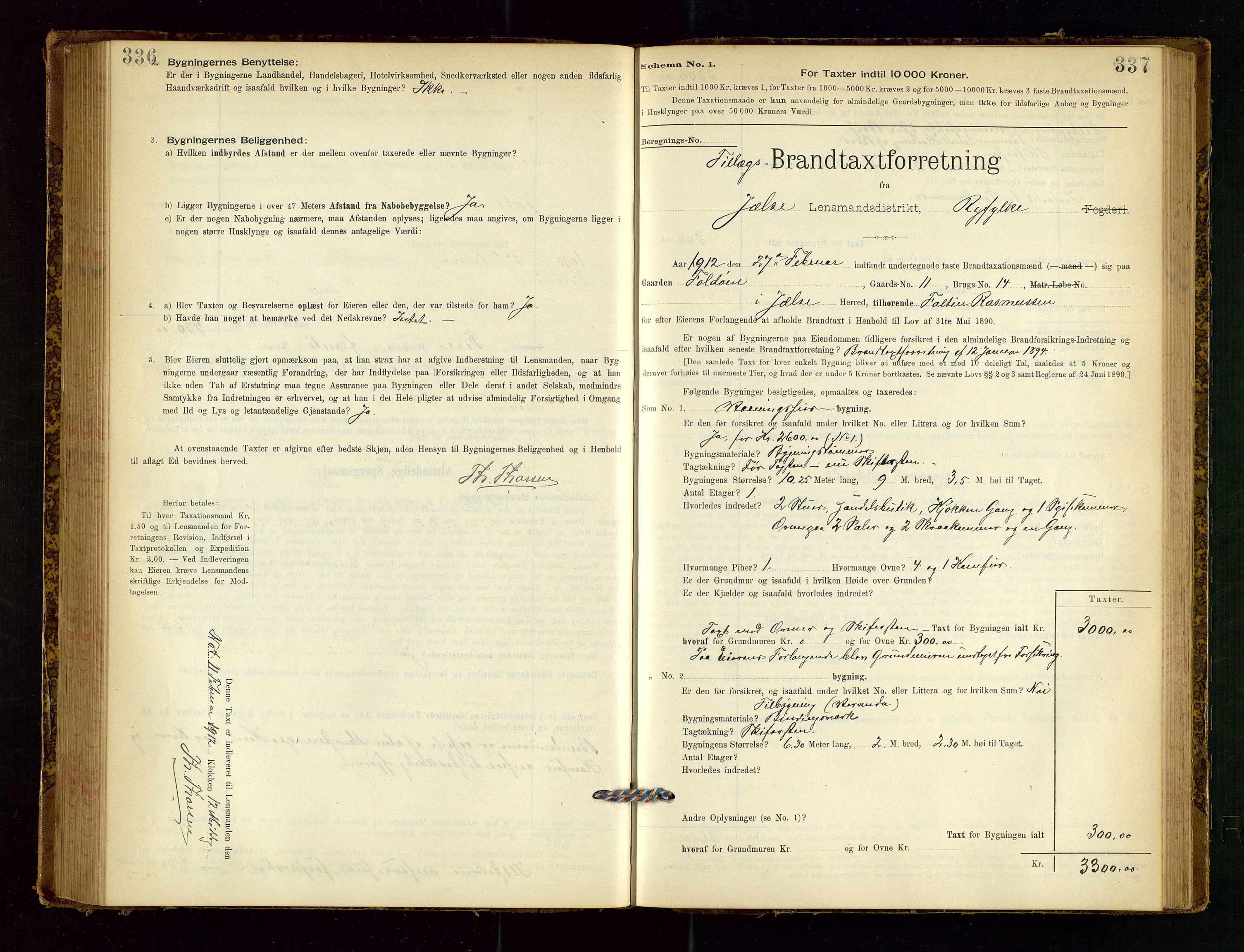 Jelsa lensmannskontor, SAST/A-100360/Gob/L0001: "Brandtaxationsprotocol", 1895-1918, s. 336-337