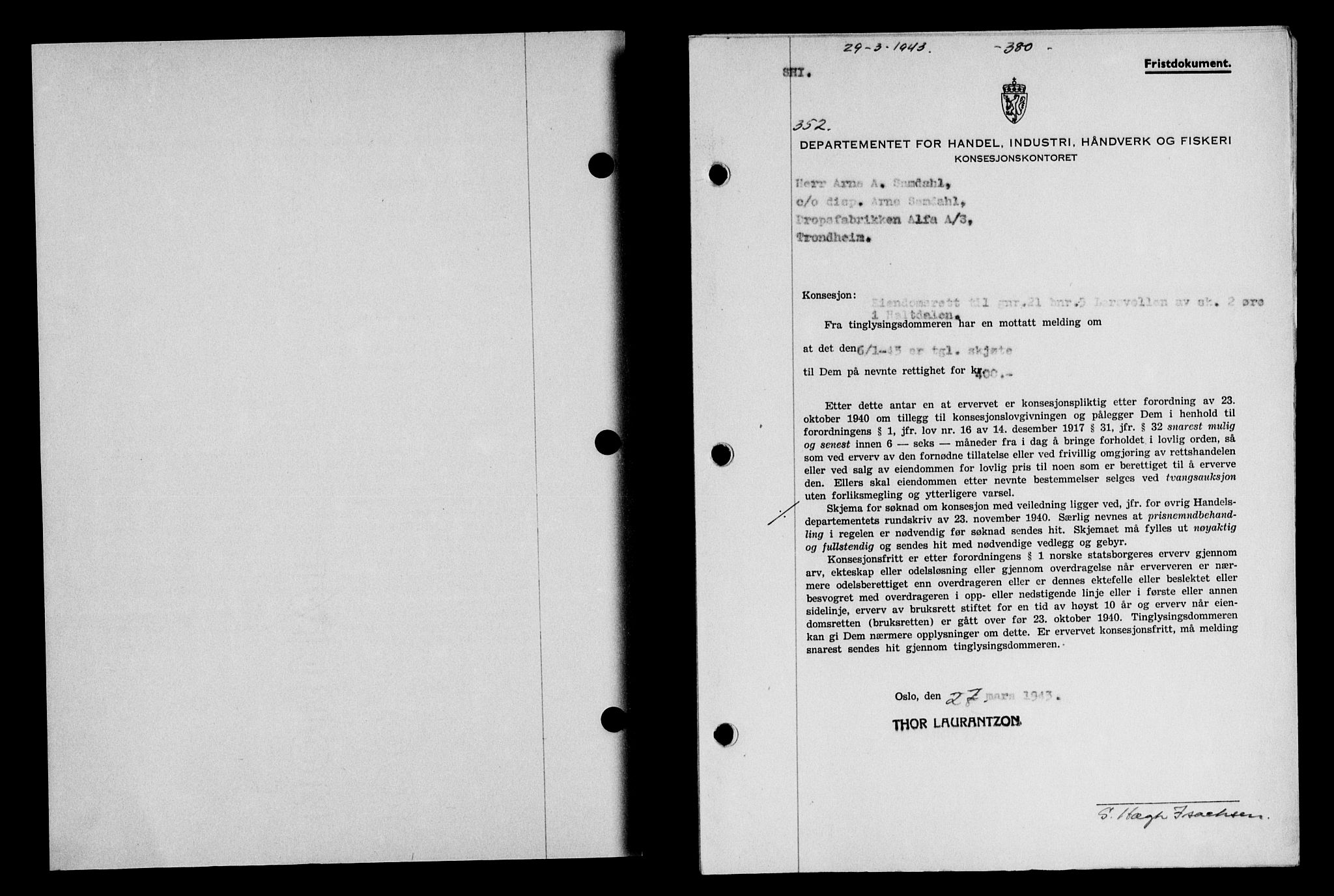 Gauldal sorenskriveri, SAT/A-0014/1/2/2C/L0056: Pantebok nr. 61, 1942-1943, Dagboknr: 352/1943