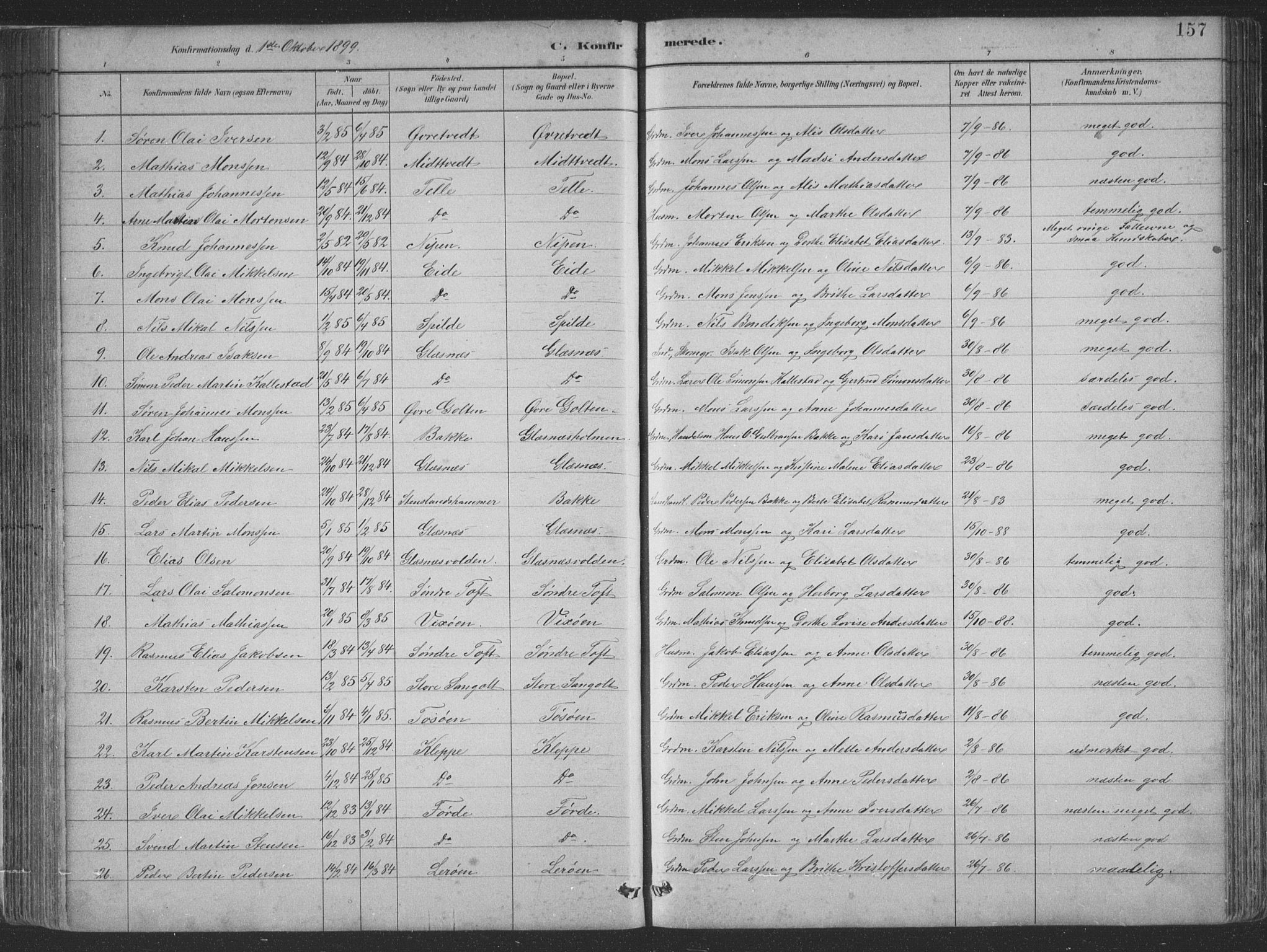 Sund sokneprestembete, AV/SAB-A-99930: Klokkerbok nr. B 3, 1882-1911, s. 157