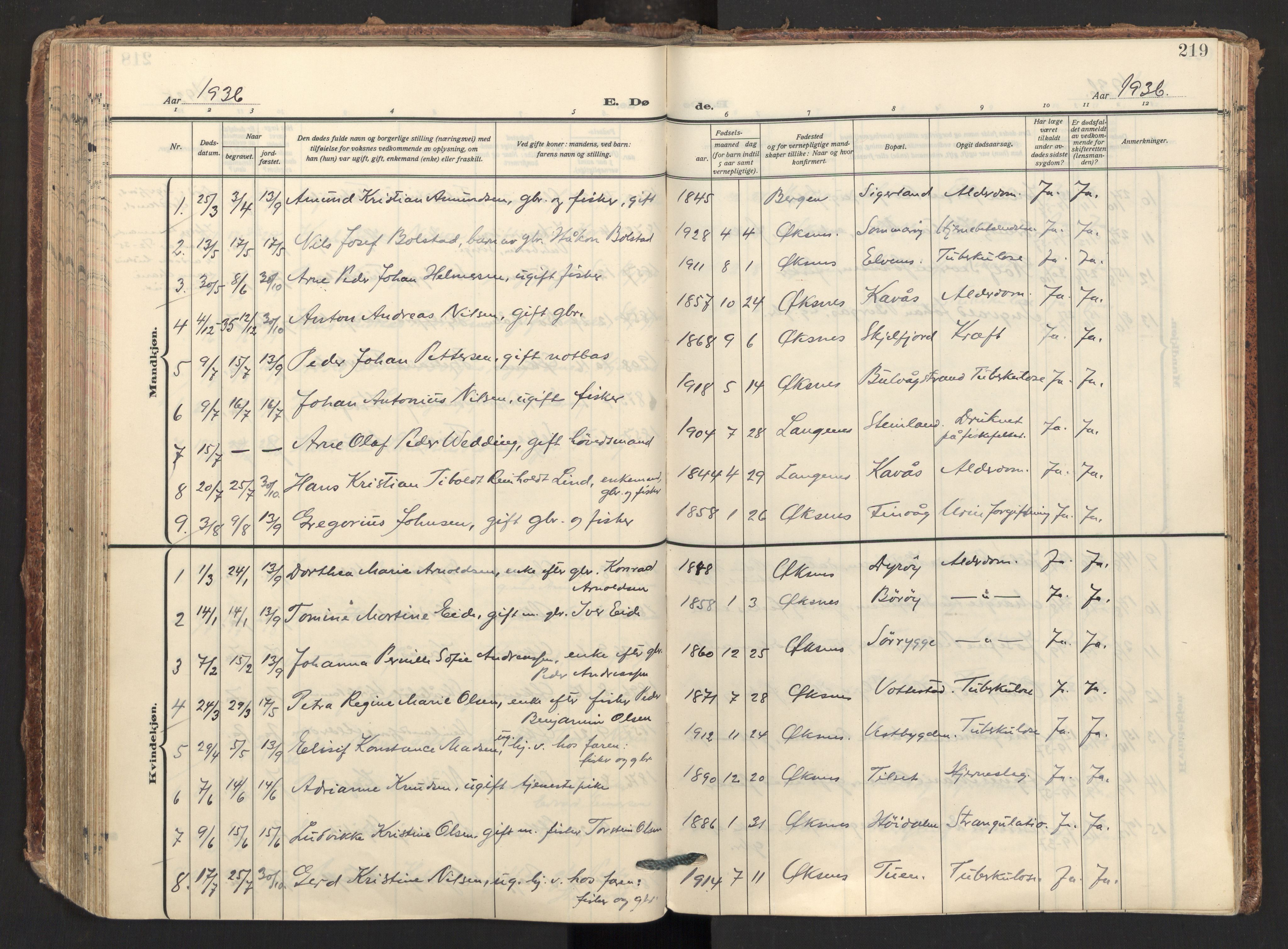 Ministerialprotokoller, klokkerbøker og fødselsregistre - Nordland, AV/SAT-A-1459/893/L1344: Ministerialbok nr. 893A16, 1929-1946, s. 219